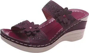 oiangi Rhinestone Sandals for Women Wedge Heel Casual Summer Fish Mouth Open Toe Flower Slip-on Slippers Comfortable Outdoor Ladies Platform Shoes