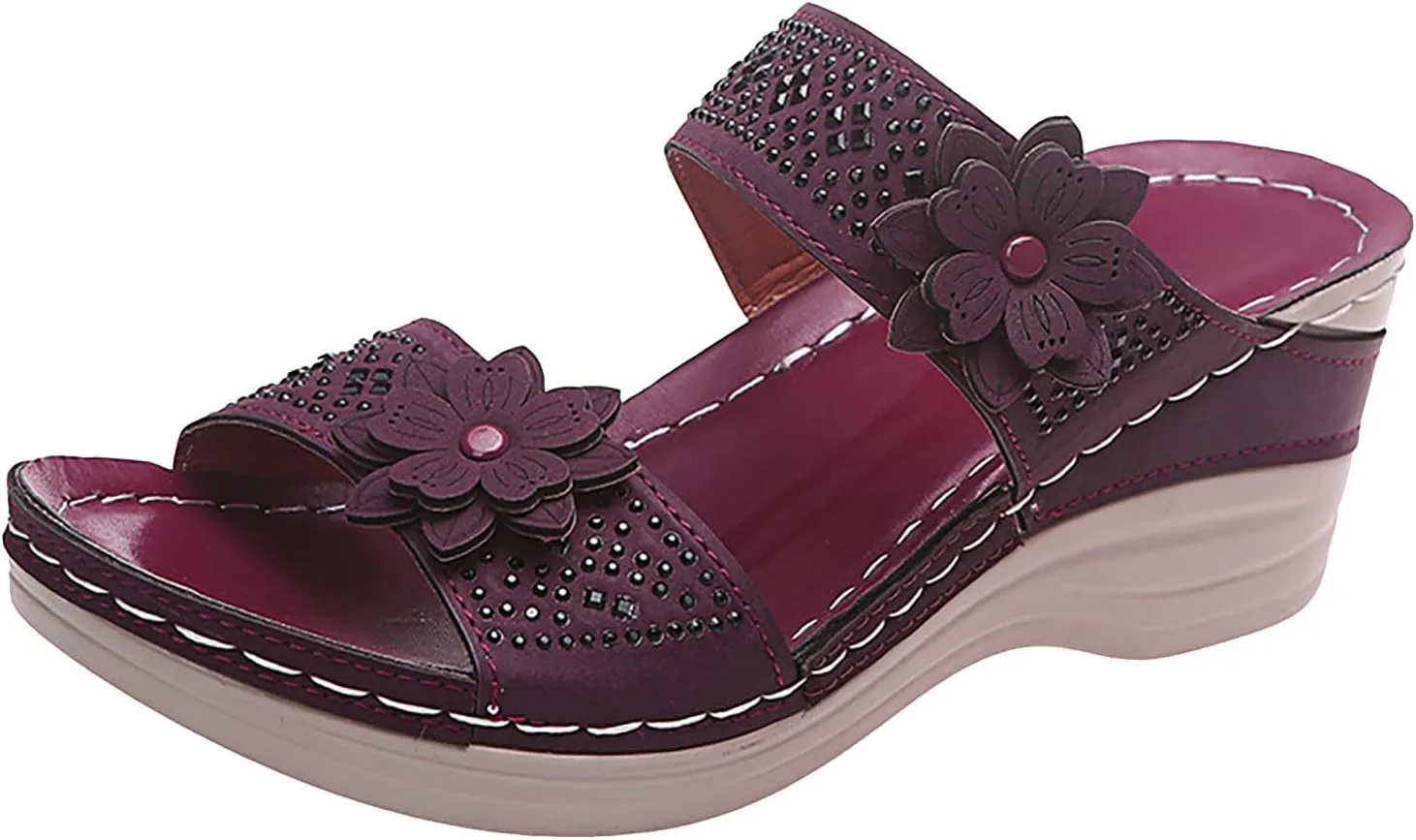 oiangi Rhinestone Sandals for Women Wedge Heel Casual Summer Fish Mouth Open Toe Flower Slip-on Slippers Comfortable Outdoor Ladies Platform Shoes
