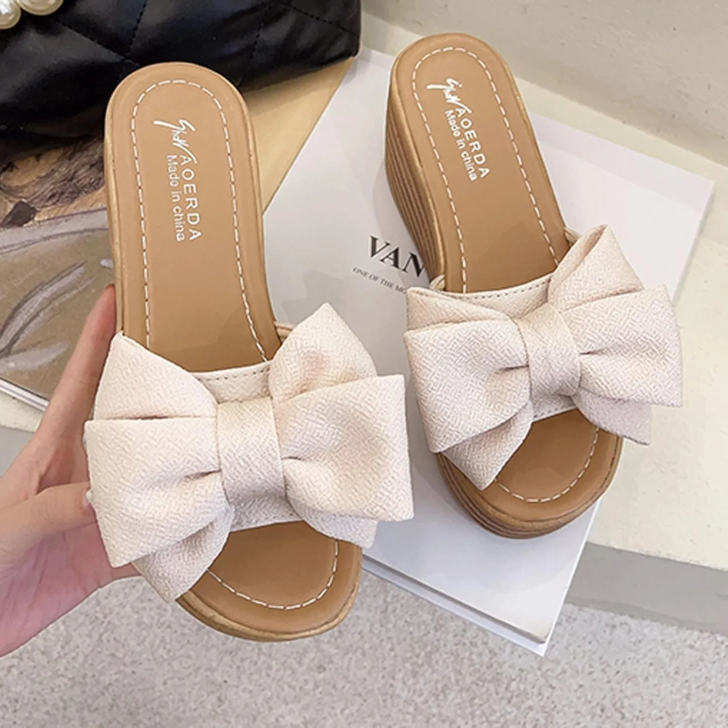oiangi Sandals for Women Dressy, 2021 Comfy Bow Flats Casual Platform Slope Heels Summer Beach Flip Flops Slippers