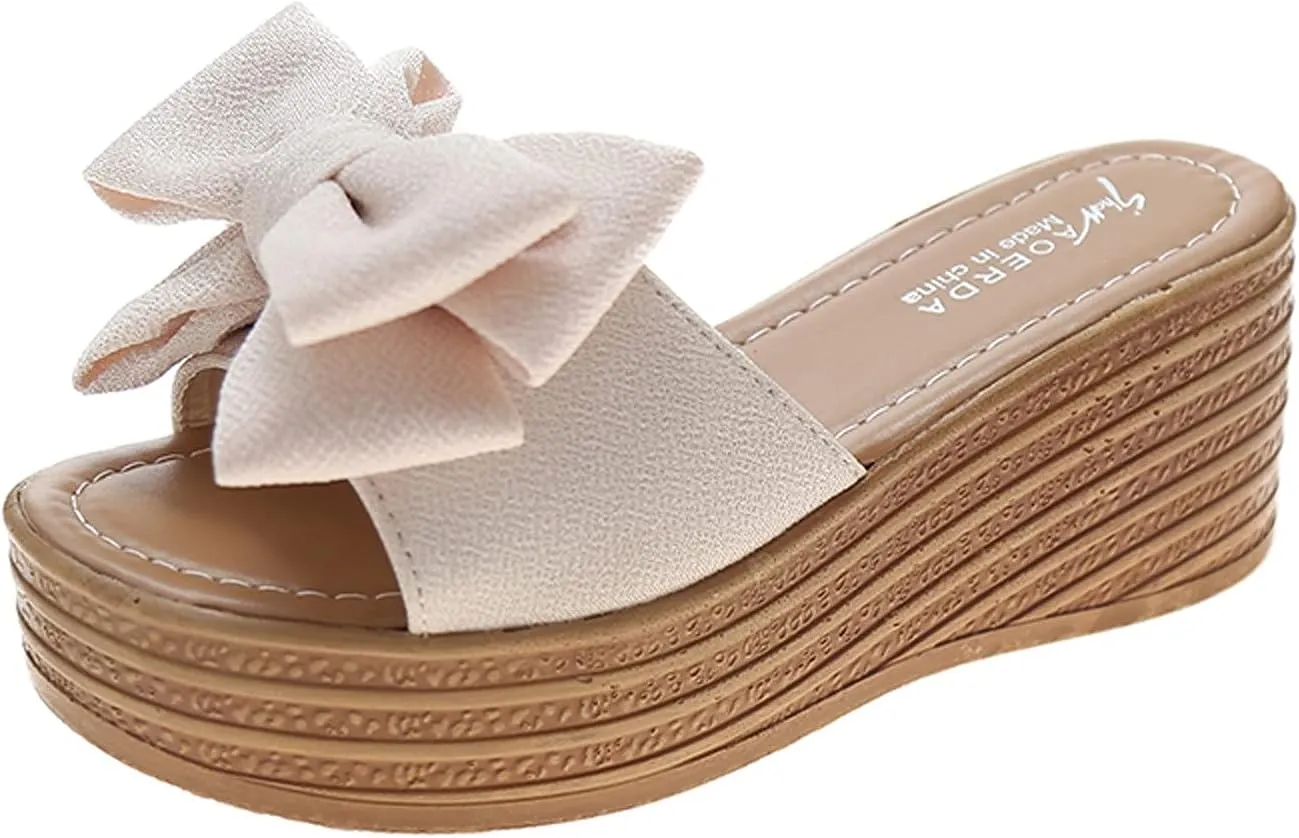 oiangi Sandals for Women Dressy, 2021 Comfy Bow Flats Casual Platform Slope Heels Summer Beach Flip Flops Slippers