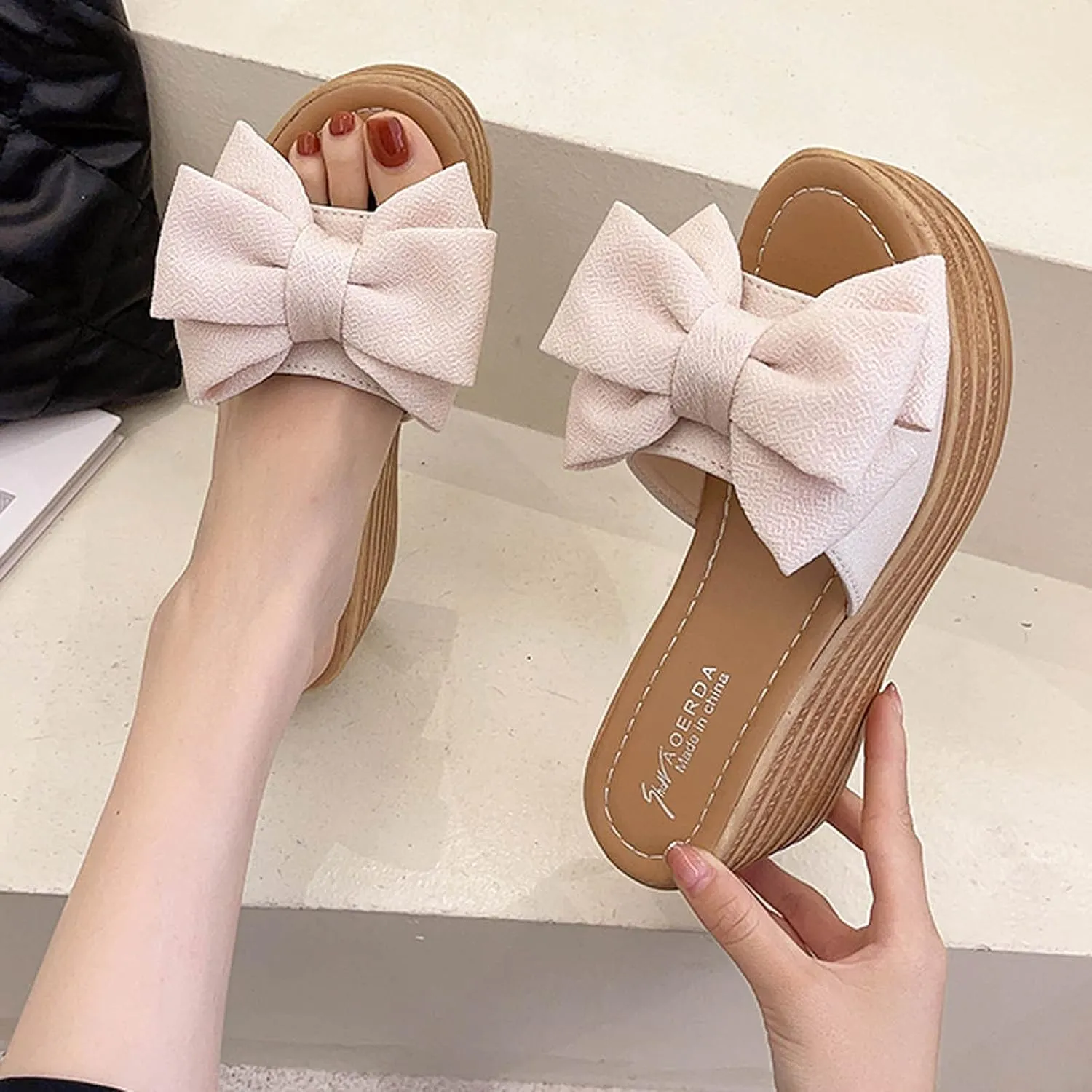 oiangi Sandals for Women Dressy, 2021 Comfy Bow Flats Casual Platform Slope Heels Summer Beach Flip Flops Slippers