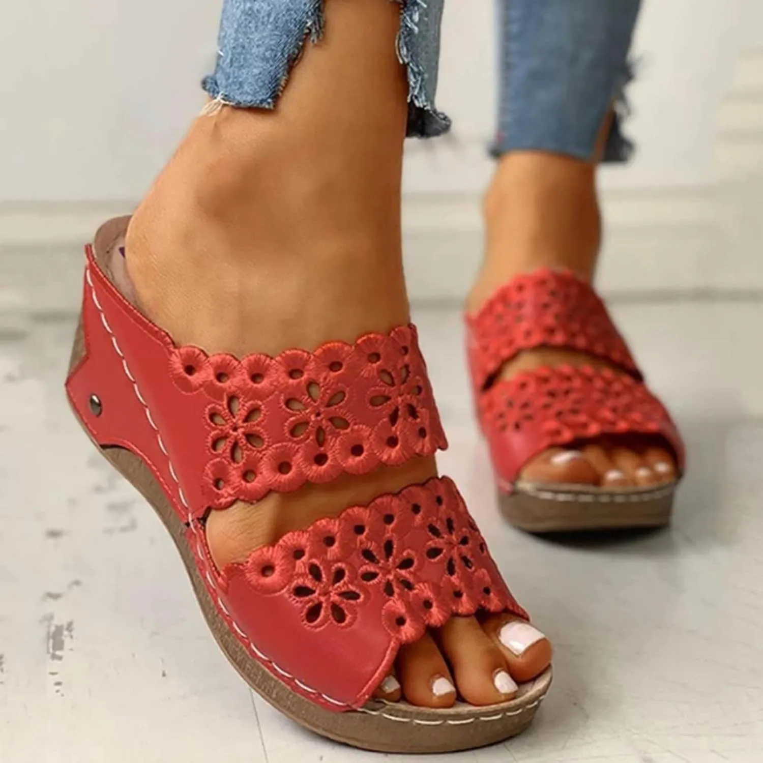 oiangi Summer Wedge Sandals for Women Casual Fish Mouth Open Toe Hollow Flower Embroidered Slip on Platform Slippers Solid Comfy Ladies High Heel Shoes Slides