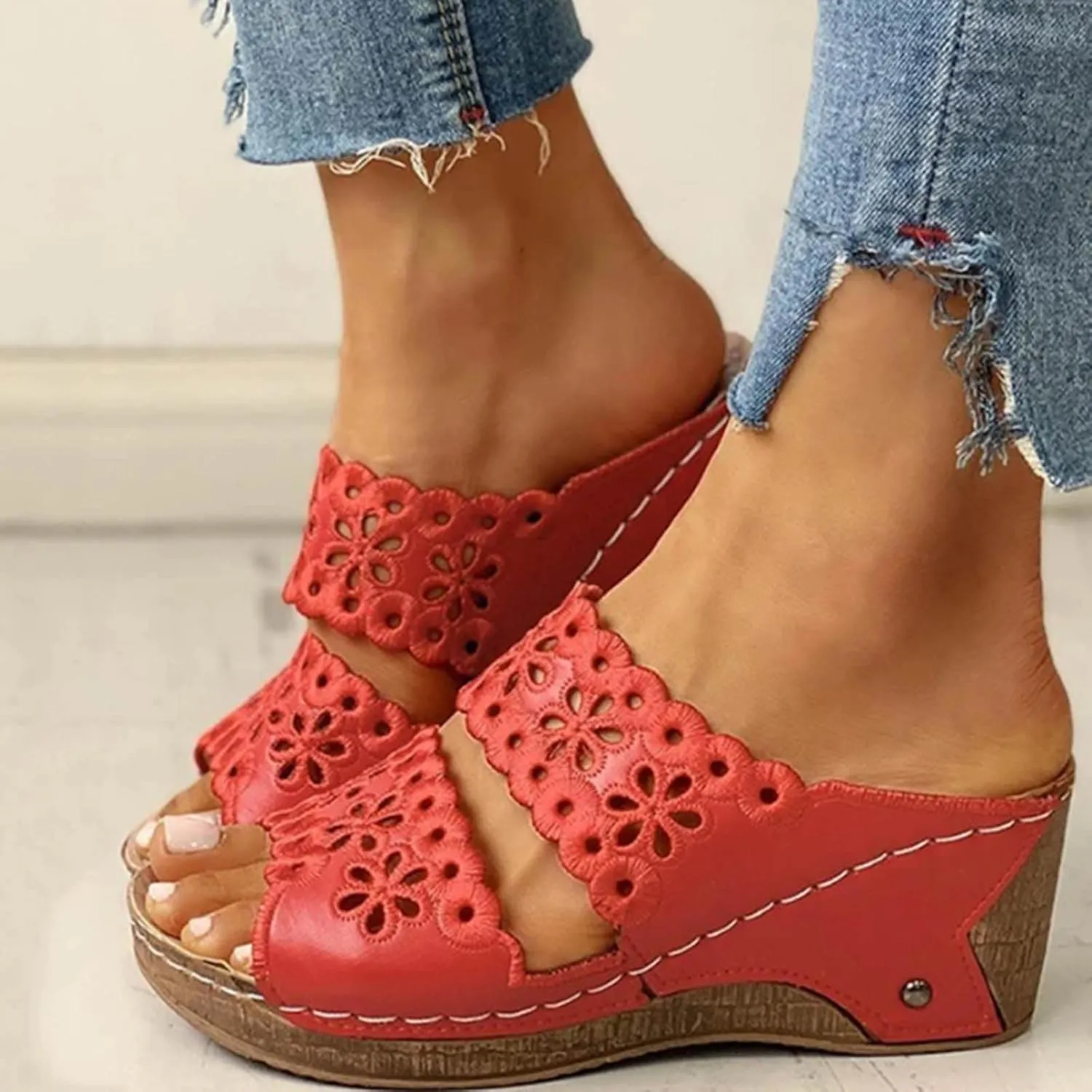 oiangi Summer Wedge Sandals for Women Casual Fish Mouth Open Toe Hollow Flower Embroidered Slip on Platform Slippers Solid Comfy Ladies High Heel Shoes Slides