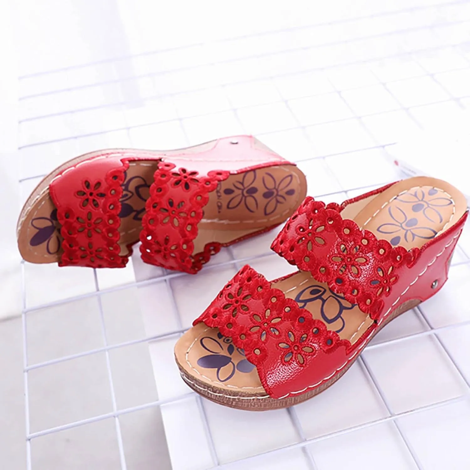 oiangi Summer Wedge Sandals for Women Casual Fish Mouth Open Toe Hollow Flower Embroidered Slip on Platform Slippers Solid Comfy Ladies High Heel Shoes Slides