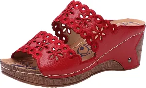 oiangi Summer Wedge Sandals for Women Casual Fish Mouth Open Toe Hollow Flower Embroidered Slip on Platform Slippers Solid Comfy Ladies High Heel Shoes Slides