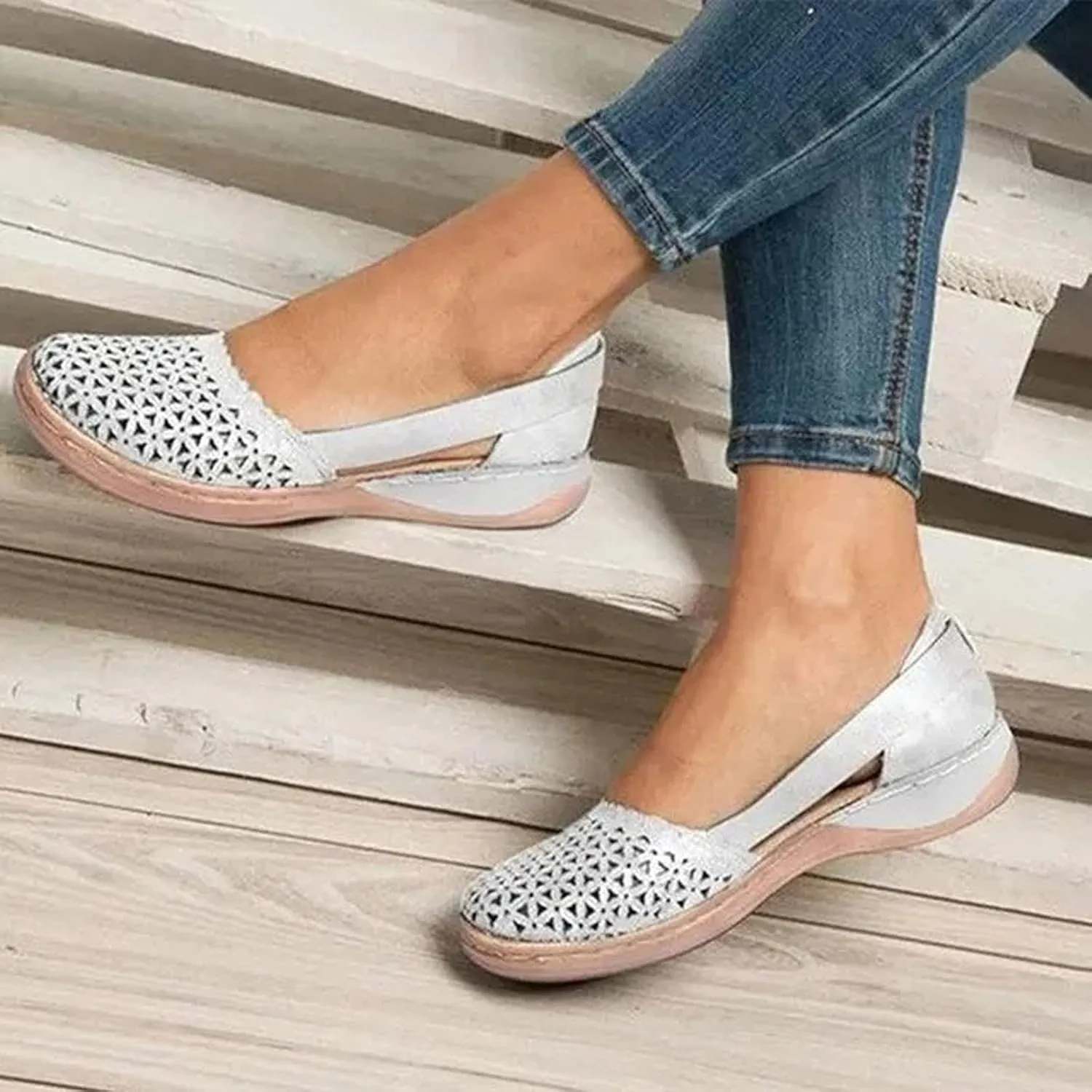 oiangi Womens Closed Toe Flat Sandals Summer Casual Loophole Mesh Hollow Platform Shoes Solid Color Comfortable Breathable Outdoor Sandalias Slipper