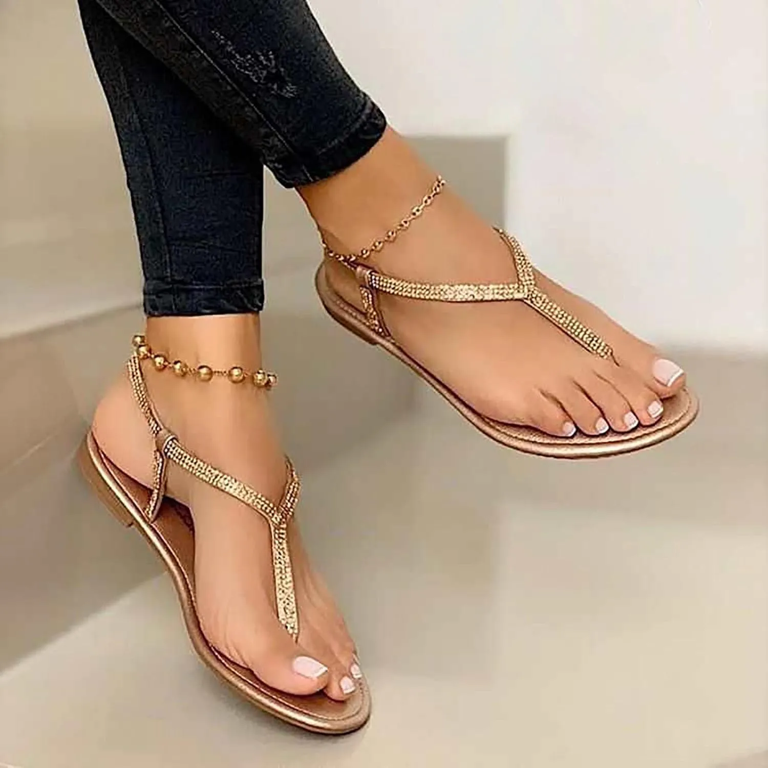 oiangi Womens Rhinestone Thong Flip Flops Flats Sandals Summer Fashion Casual Straps Hollow Clip Toe Open Toe Slipper Lightweight Comfy Beach Shoes