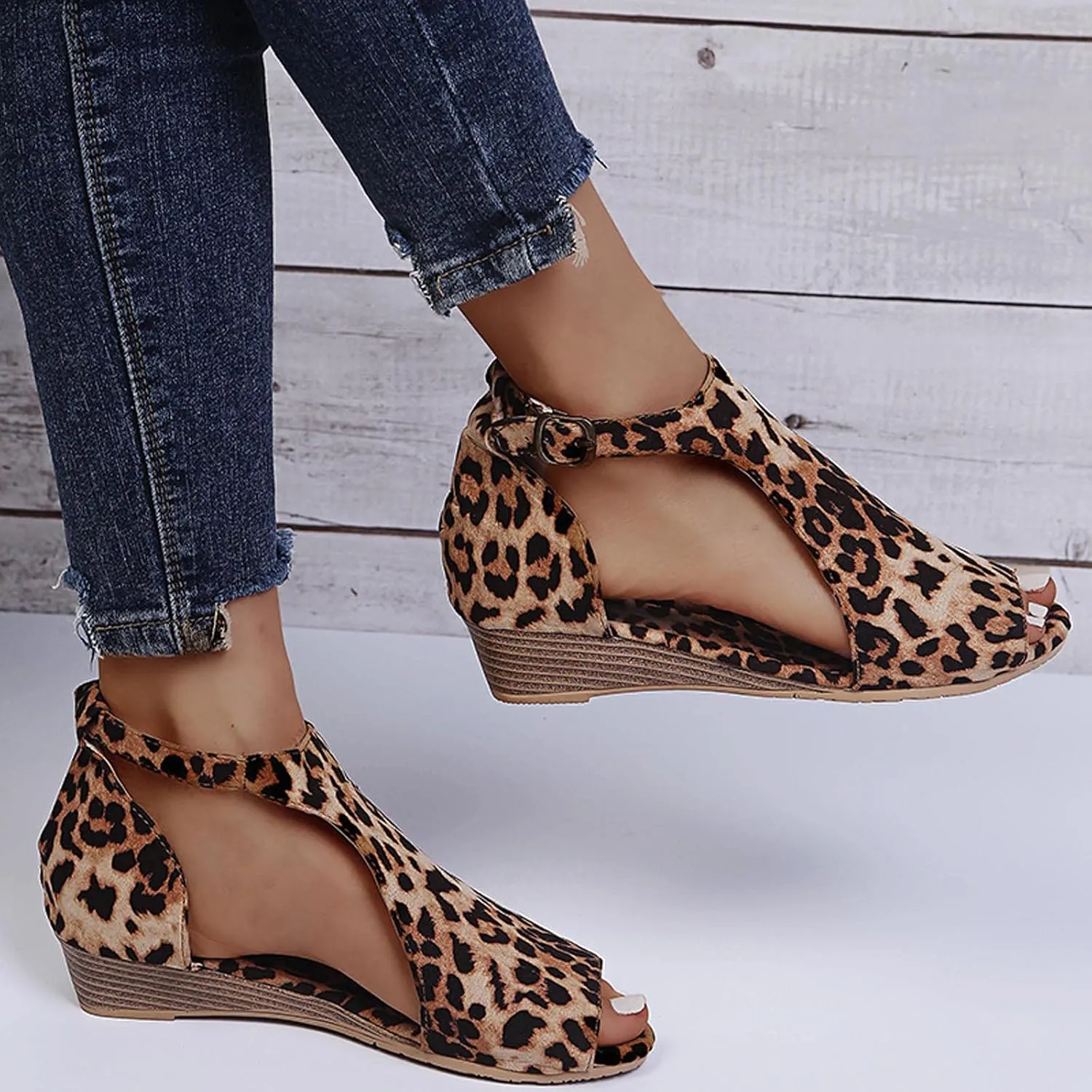oiangi Womens Wedge Sandals Casual Summer Fish Mouth Open Toe Buckle Hollow Leopard Print Flats Plus Size Comfortable Ladies Outdoor Shoes Sandalias