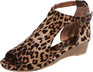 oiangi Womens Wedge Sandals Casual Summer Fish Mouth Open Toe Buckle Hollow Leopard Print Flats Plus Size Comfortable Ladies Outdoor Shoes Sandalias