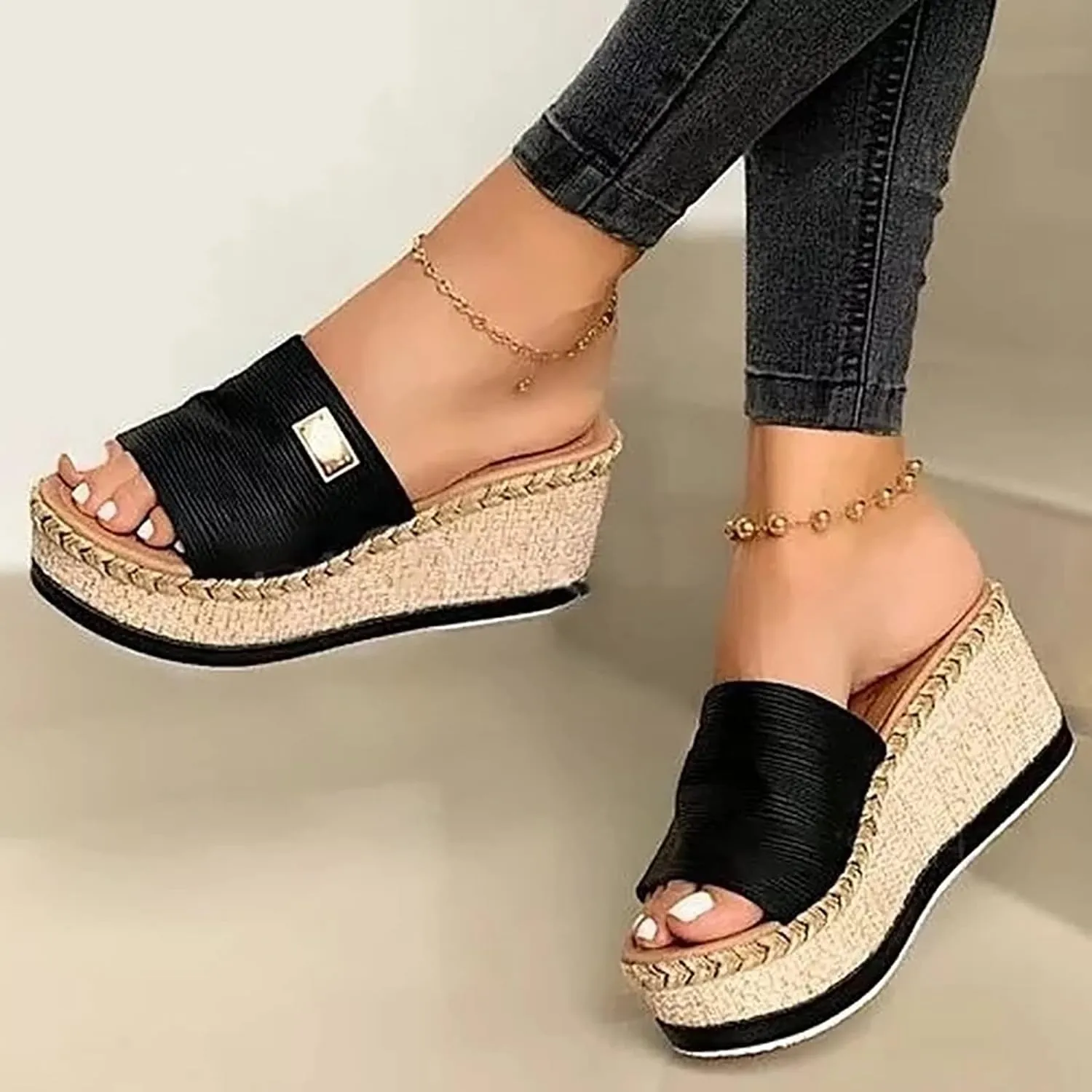 OMIREL Women's Platform Sandals Wedge Open Toe Sandals Casual Summer High Heels Sandals Espadrilles Non-Slip Comfy Ladies Platform Shoes,Black,US8/EU39