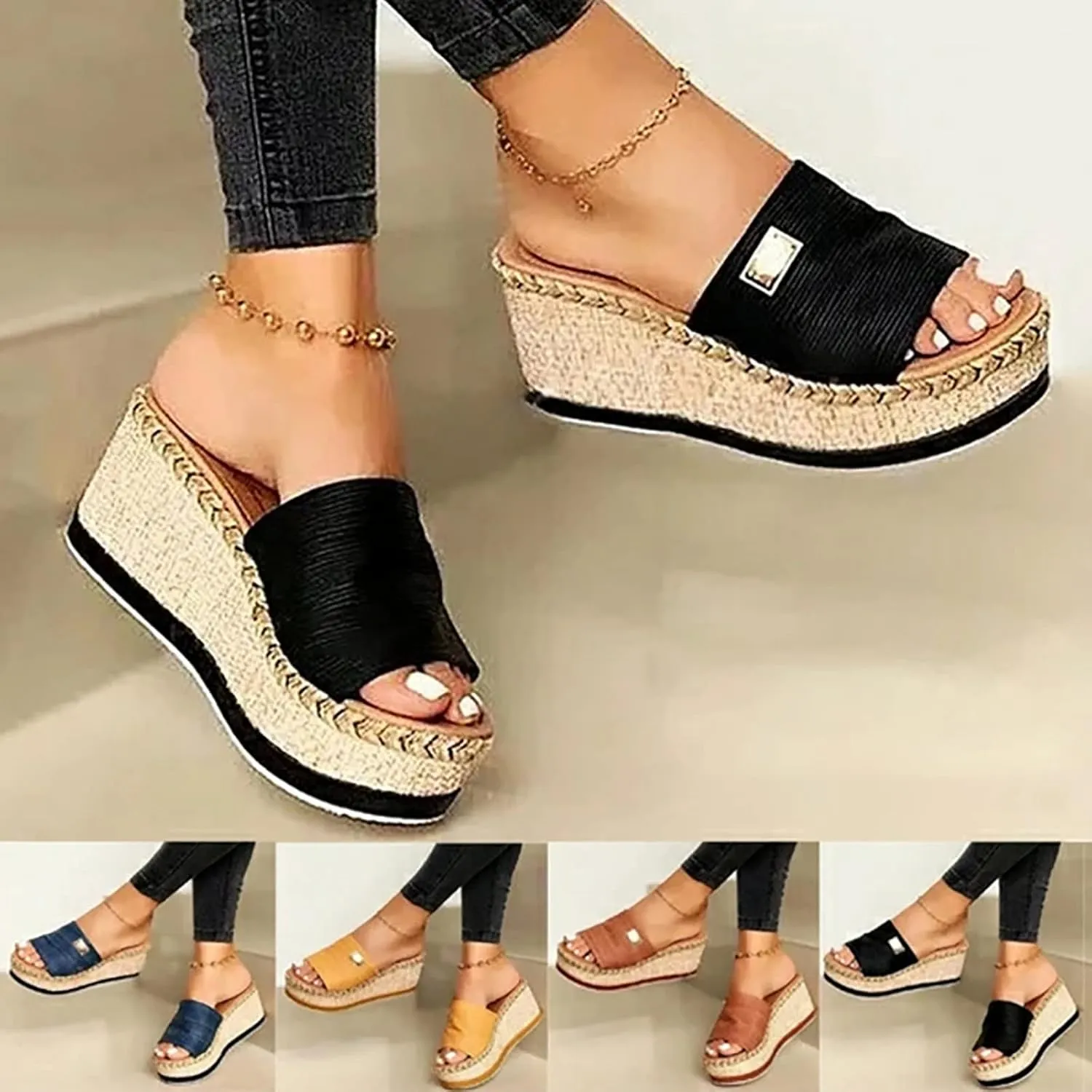 OMIREL Women's Platform Sandals Wedge Open Toe Sandals Casual Summer High Heels Sandals Espadrilles Non-Slip Comfy Ladies Platform Shoes,Black,US8/EU39