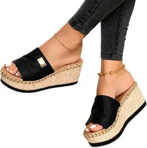 OMIREL Women's Platform Sandals Wedge Open Toe Sandals Casual Summer High Heels Sandals Espadrilles Non-Slip Comfy Ladies Platform Shoes,Black,US8/EU39