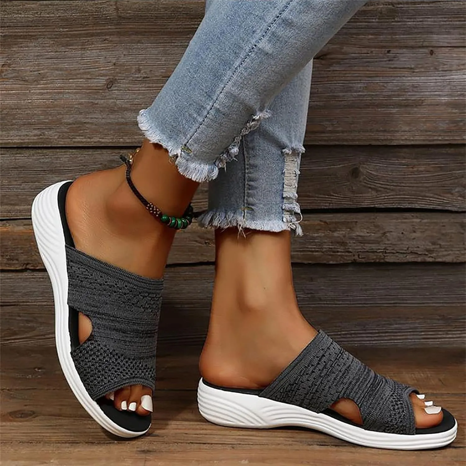 OMIREL Women's Platform Sandals Wedge Sports Knit Sandals Open Toe Sandals with Arch Support Summer Comfortable Fish Mouth Beach Casual Sandals,Black,US6/EU37