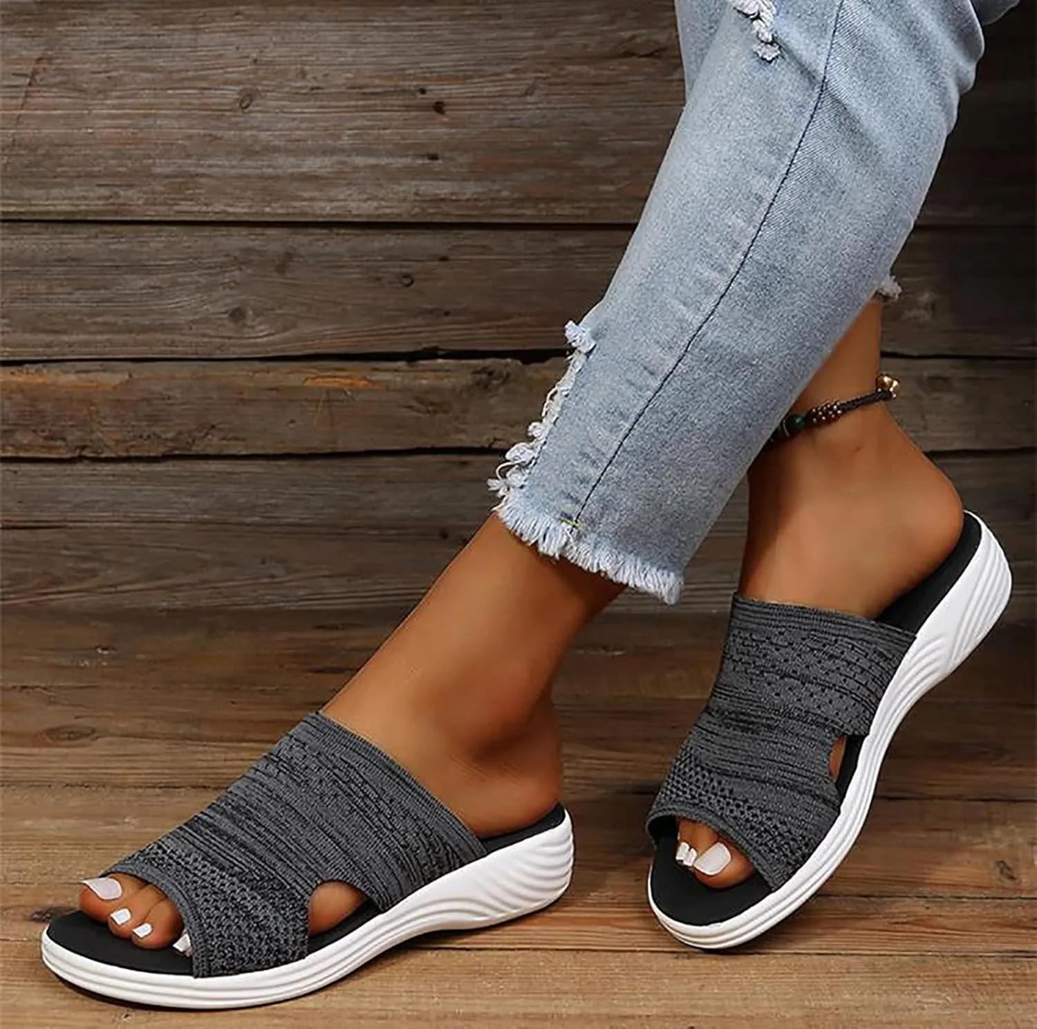 OMIREL Women's Platform Sandals Wedge Sports Knit Sandals Open Toe Sandals with Arch Support Summer Comfortable Fish Mouth Beach Casual Sandals,Black,US6/EU37