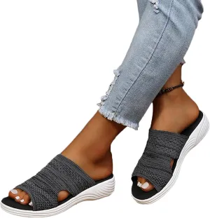 OMIREL Women's Platform Sandals Wedge Sports Knit Sandals Open Toe Sandals with Arch Support Summer Comfortable Fish Mouth Beach Casual Sandals,Black,US6/EU37