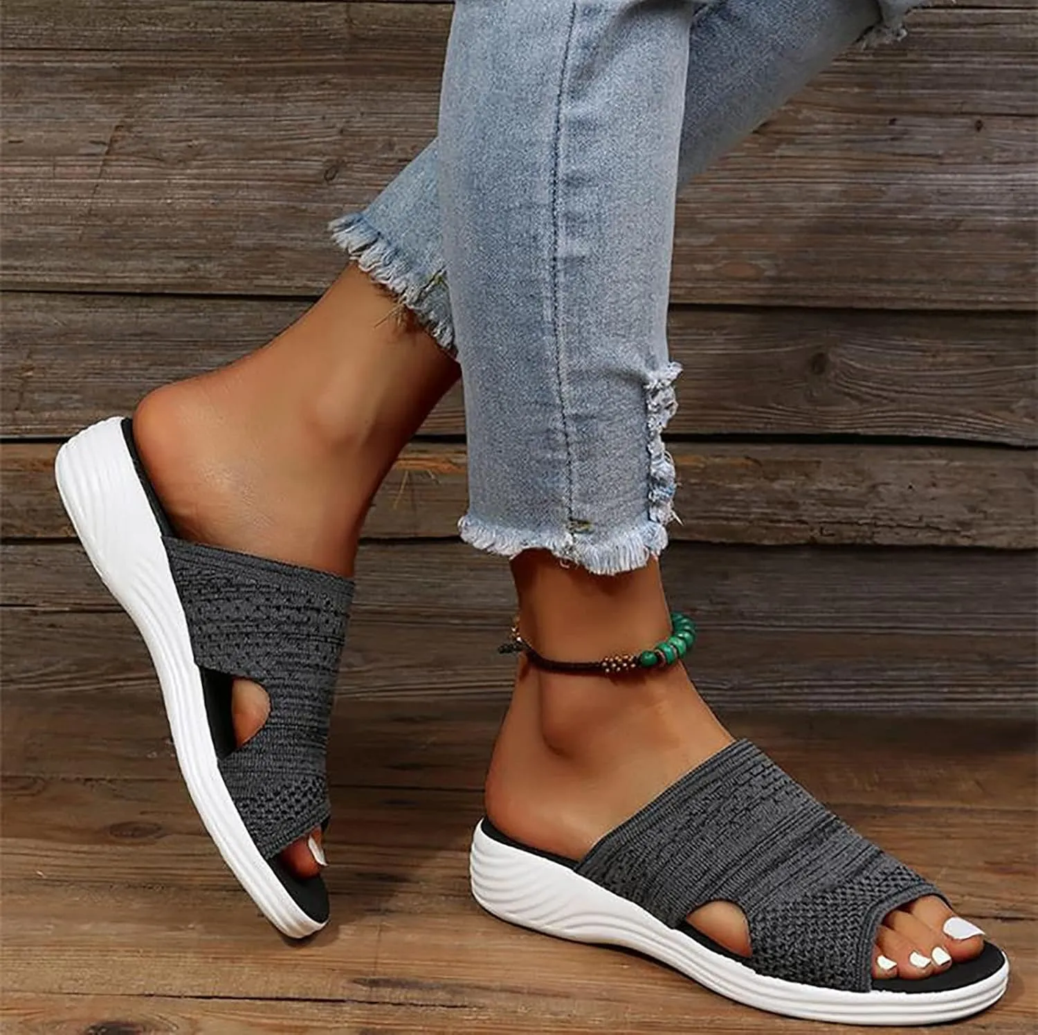 OMIREL Women's Platform Sandals Wedge Sports Knit Sandals Open Toe Sandals with Arch Support Summer Comfortable Fish Mouth Beach Casual Sandals,Black,US6/EU37