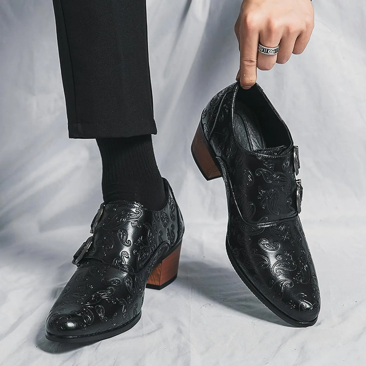 Optigard Men's Double Monk Strap Chelsea Boots,Low Top Pointed Toe Business Oxford Boots Retro Fashion Ballroom Party Western Cowboy Ankle Boots Leather Slip On Formal Loafers