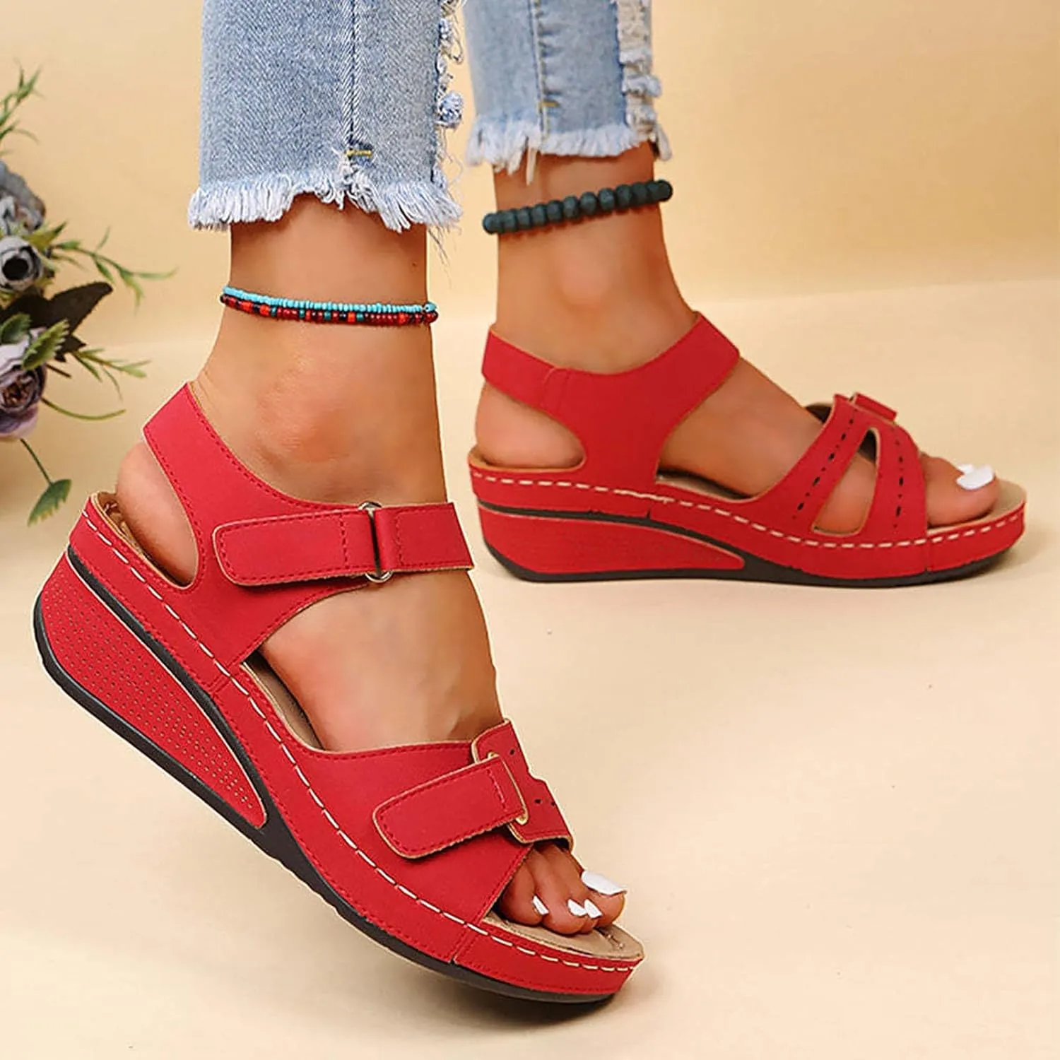 Orthopedic Sandals for Women Fashion, Womens Walking Sandals with Arch Support Anti-Slip Comfortable Sandals Casual Flip Flops Slip On Sandals Women Dressy Summer Flat Walking Slippers (A-Red, 7.5)