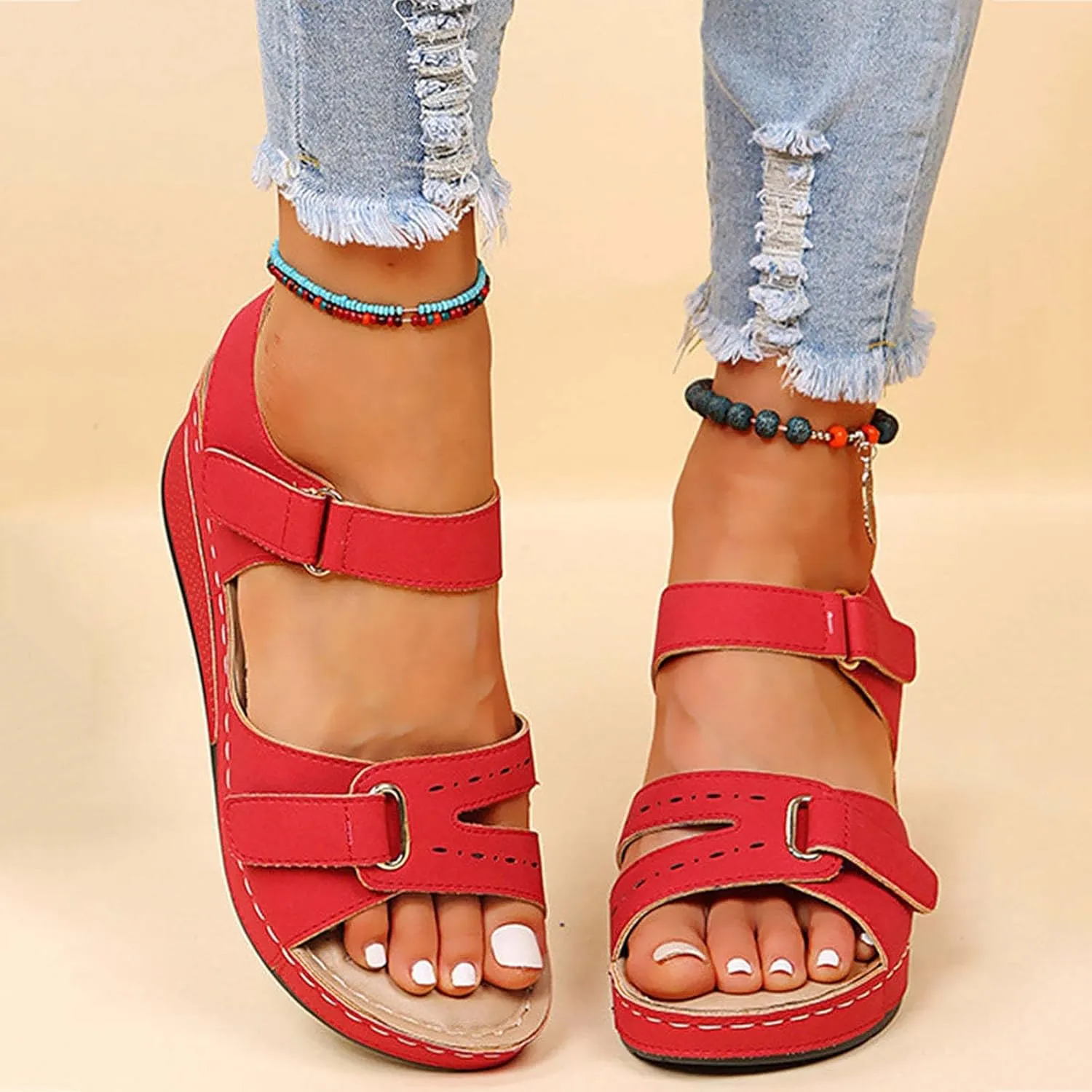 Orthopedic Sandals for Women Fashion, Womens Walking Sandals with Arch Support Anti-Slip Comfortable Sandals Casual Flip Flops Slip On Sandals Women Dressy Summer Flat Walking Slippers (A-Red, 7.5)