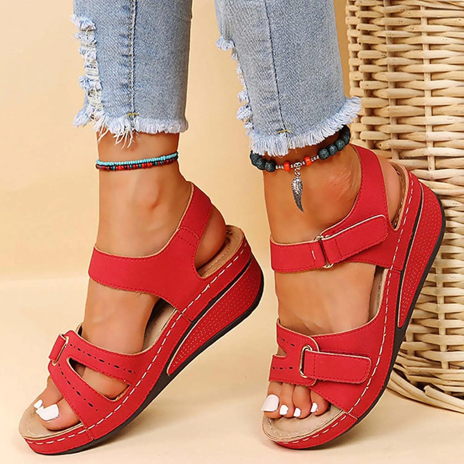 Orthopedic Sandals for Women Fashion, Womens Walking Sandals with Arch Support Anti-Slip Comfortable Sandals Casual Flip Flops Slip On Sandals Women Dressy Summer Flat Walking Slippers (A-Red, 7.5)