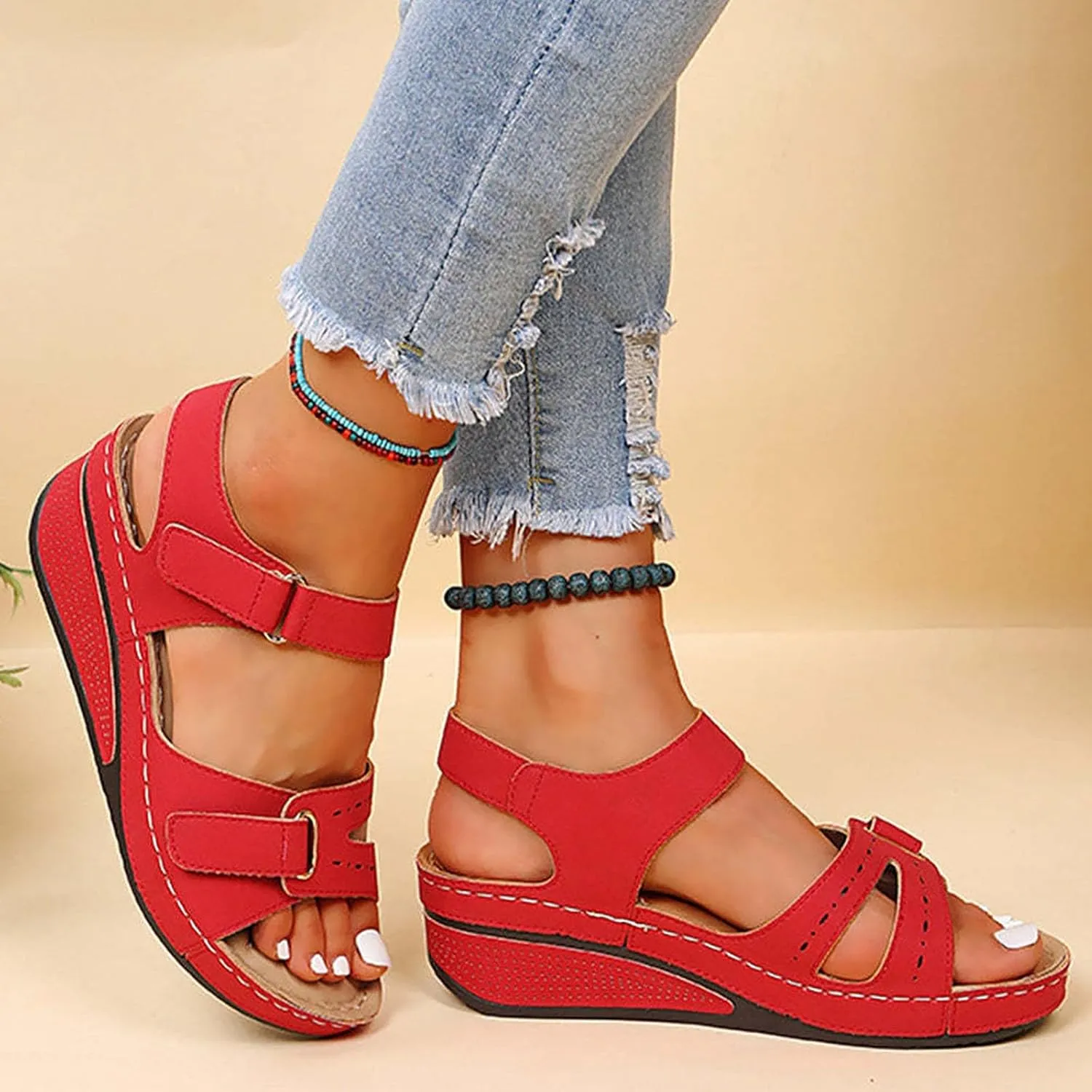 Orthopedic Sandals for Women Fashion, Womens Walking Sandals with Arch Support Anti-Slip Comfortable Sandals Casual Flip Flops Slip On Sandals Women Dressy Summer Flat Walking Slippers (A-Red, 7.5)