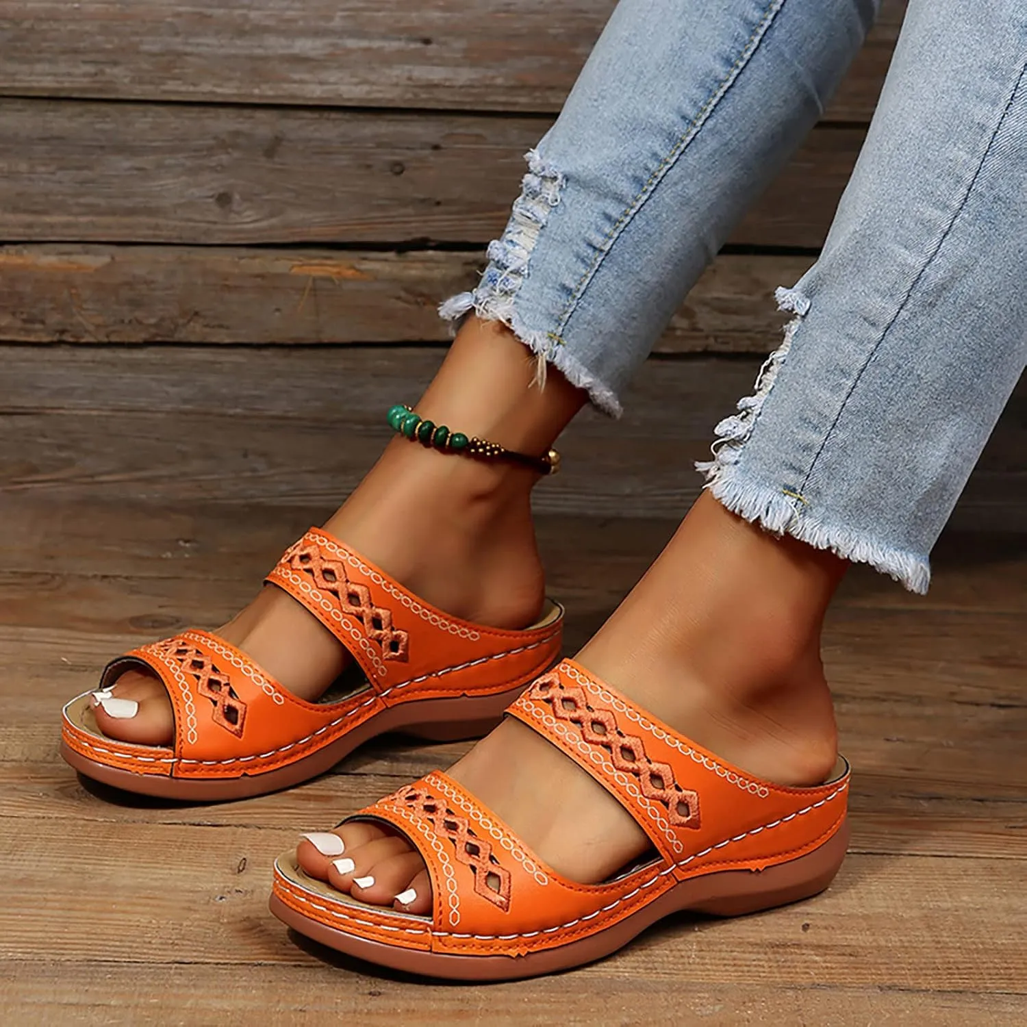 Orthopedic Sandals for Women Fashion, Womens Walking Sandals with Arch Support Anti-Slip Comfortable Sandals Casual Flip Flops Slip On Sandals Women Dressy Summer Flat Walking Slippers (B-Orange, 9)