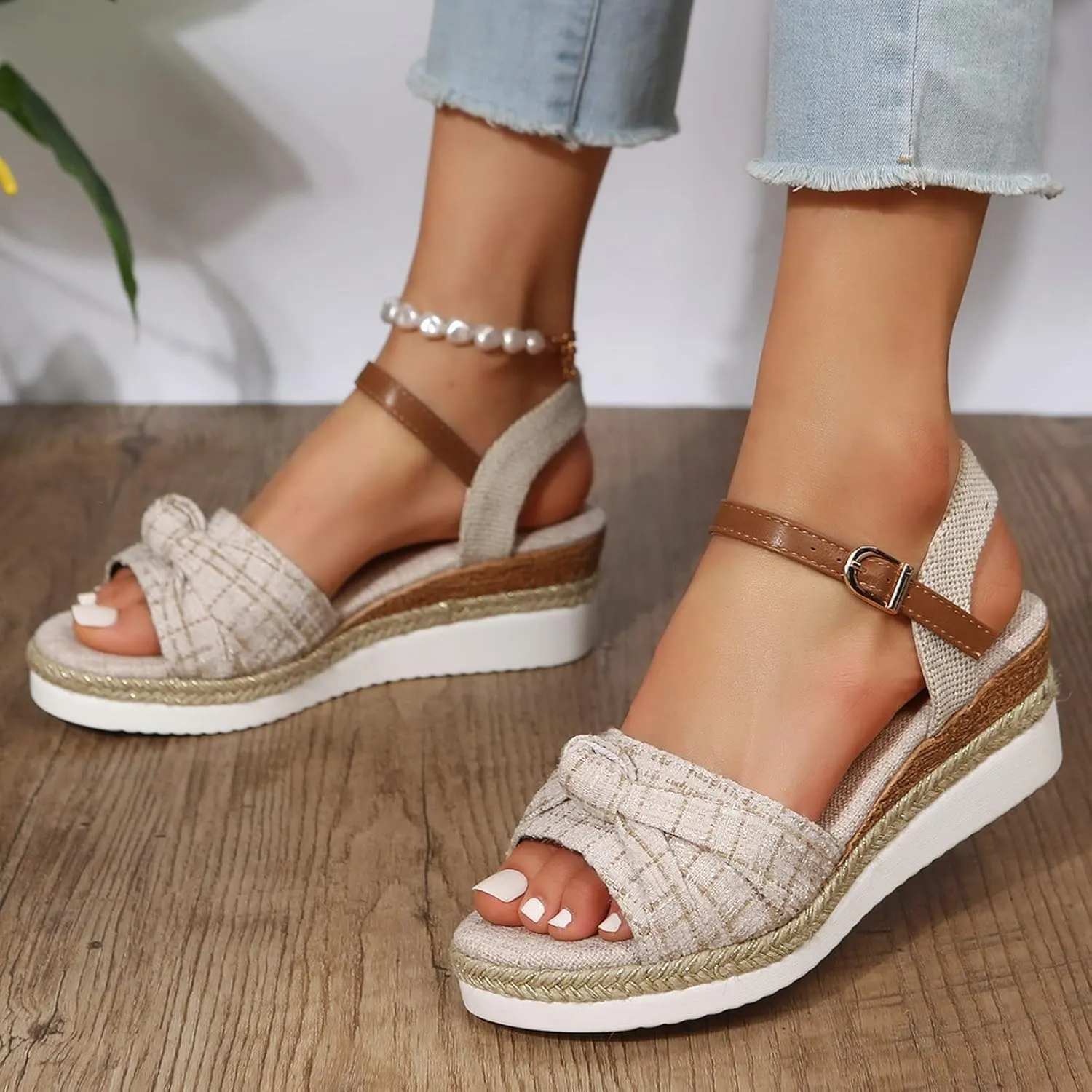Orthopedic Sandals for Women Summer Dressy 2025,Women Walking Slippers with Arch Support Platform Wedge Sandals Comfortable Open Toe Ankle Strap Boho Beach Casual Slip on Sandals (3-Beige, 8.5)