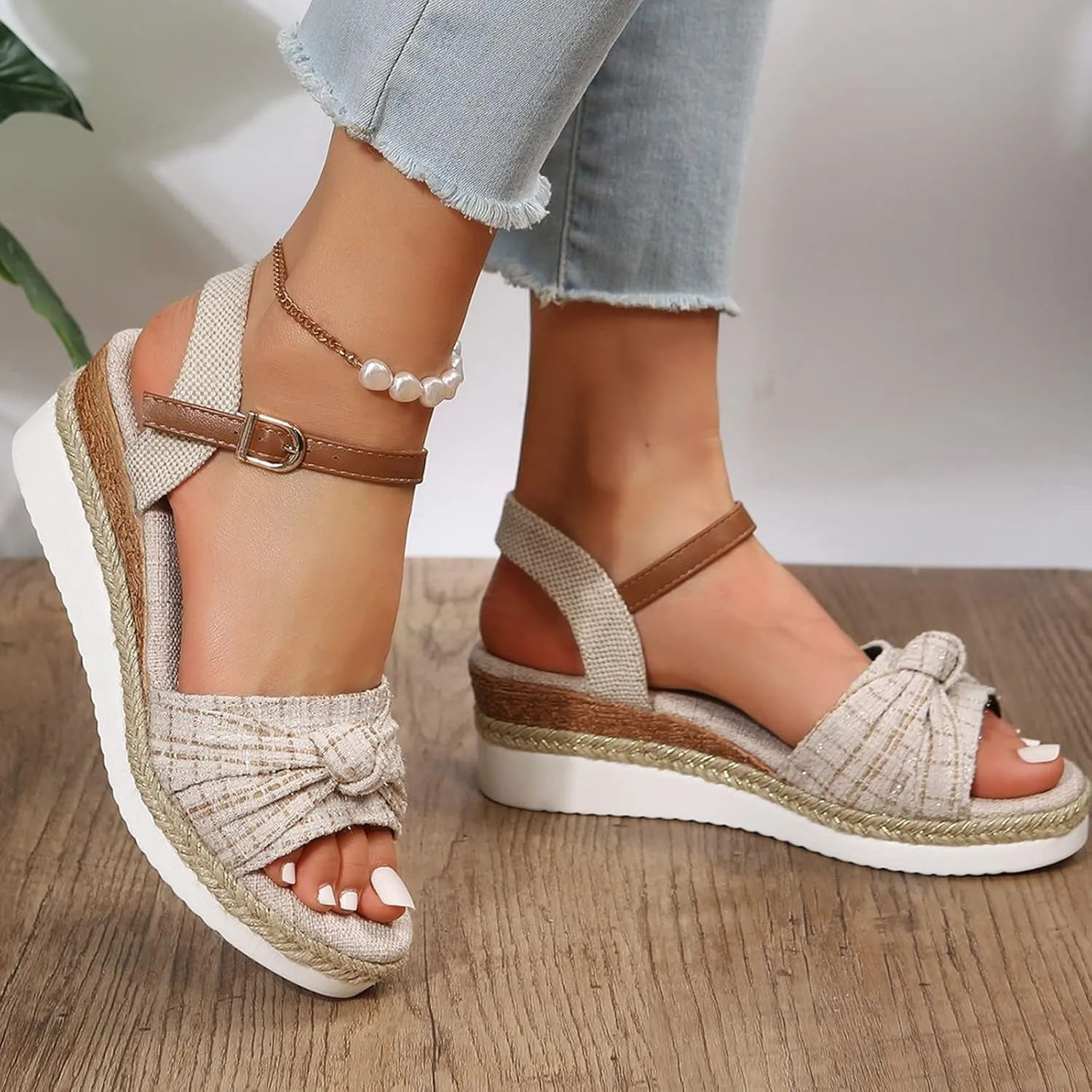 Orthopedic Sandals for Women Summer Dressy 2025,Women Walking Slippers with Arch Support Platform Wedge Sandals Comfortable Open Toe Ankle Strap Boho Beach Casual Slip on Sandals (3-Beige, 8.5)