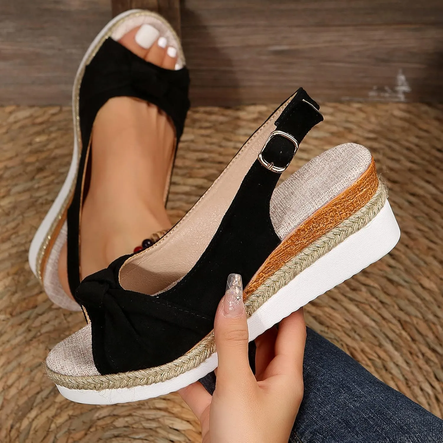 Orthopedic Sandals for Women,Women Walking Slippers with Arch Support Wedge Sandals Summer Dressy Open Toe Ankle Strap Platform Beach Casual Slip on Sandals Beach Dress Comfortable (Black-7, 7.5)