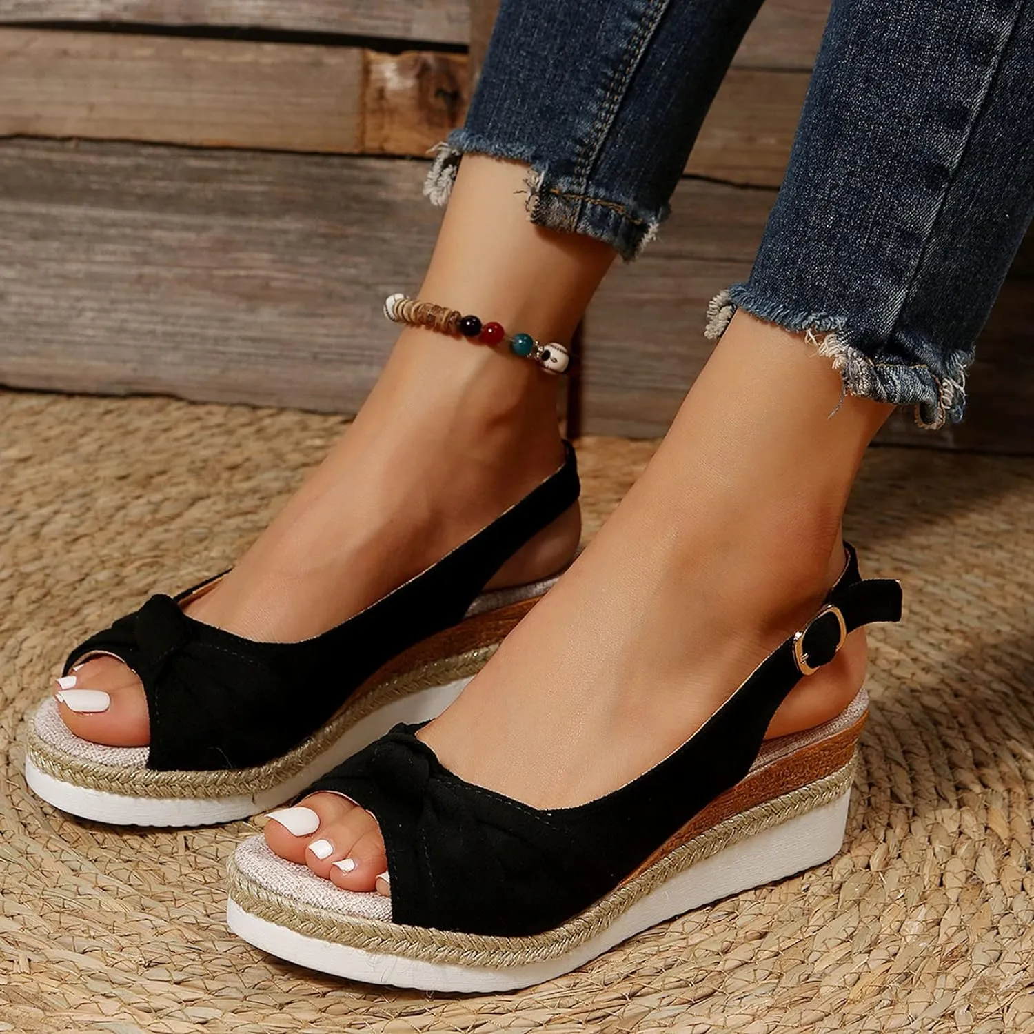 Orthopedic Sandals for Women,Women Walking Slippers with Arch Support Wedge Sandals Summer Dressy Open Toe Ankle Strap Platform Beach Casual Slip on Sandals Beach Dress Comfortable (Black-7, 7.5)