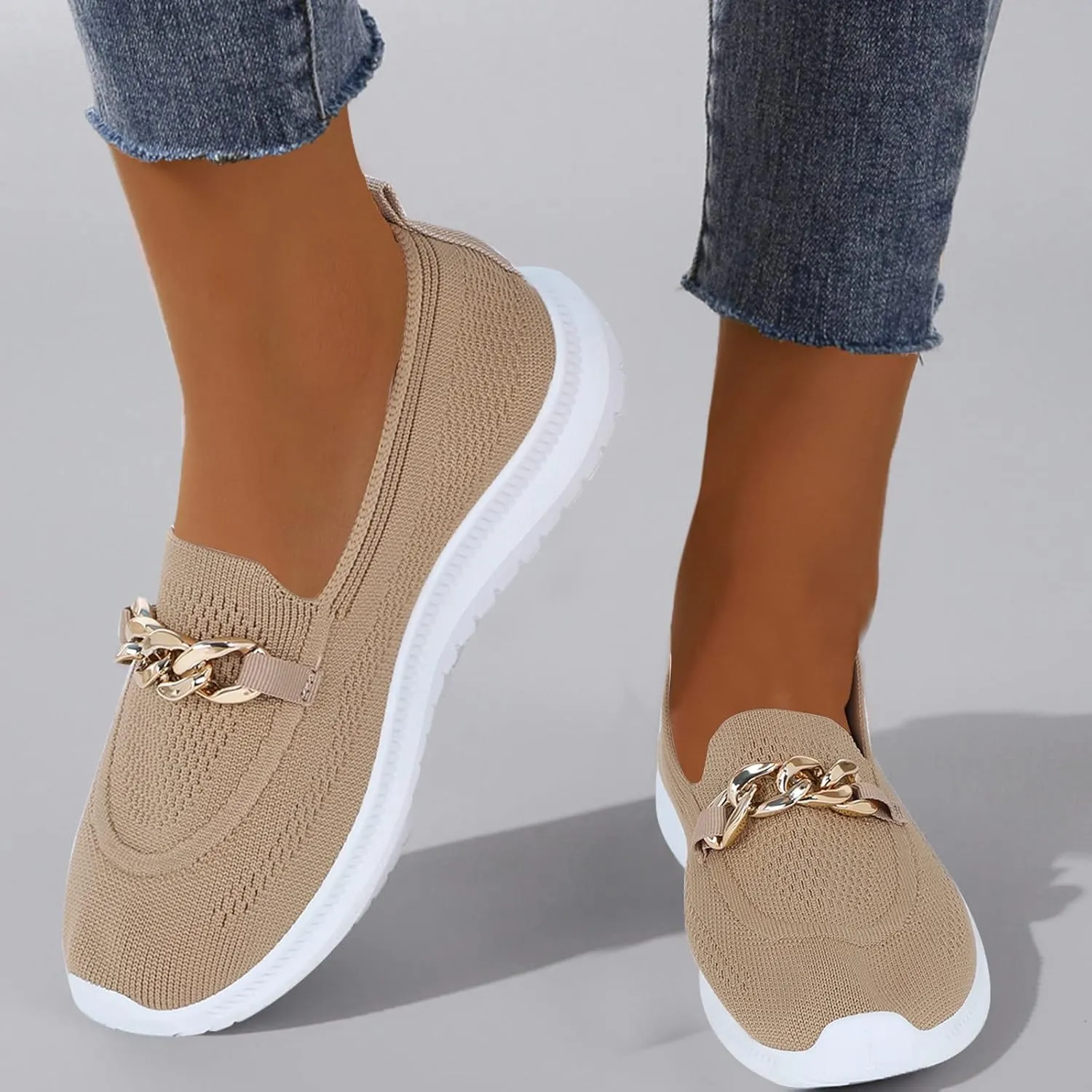 Orthopedic Slip-On Walking Shoes for Women, Comfort Loafers Wide Fit Knit Breathable Mesh Non-Slip Platform