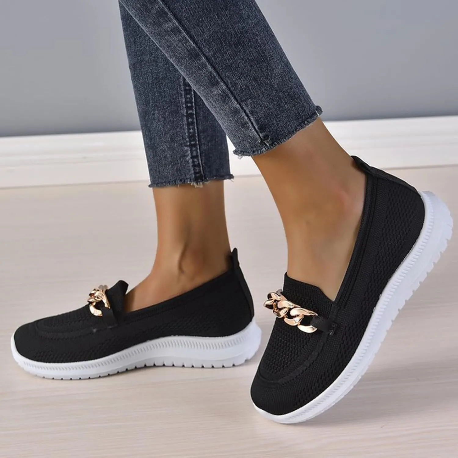 Orthopedic Slip-On Walking Shoes for Women, Comfort Loafers Wide Fit Knit Breathable Mesh Non-Slip Platform