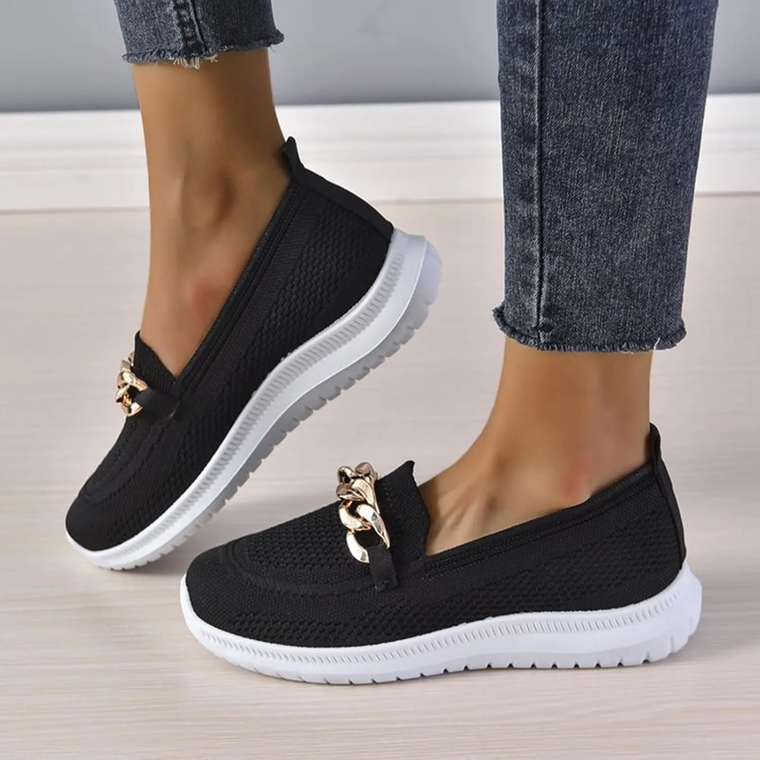 Orthopedic Slip-On Walking Shoes for Women, Comfort Loafers Wide Fit Knit Breathable Mesh Non-Slip Platform