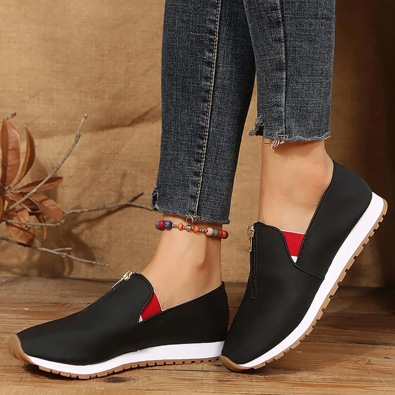 Orthopedic Slip-On Walking Shoes for Women, Comfort Loafers Wide Fit Knit Breathable Mesh Non-Slip Platform