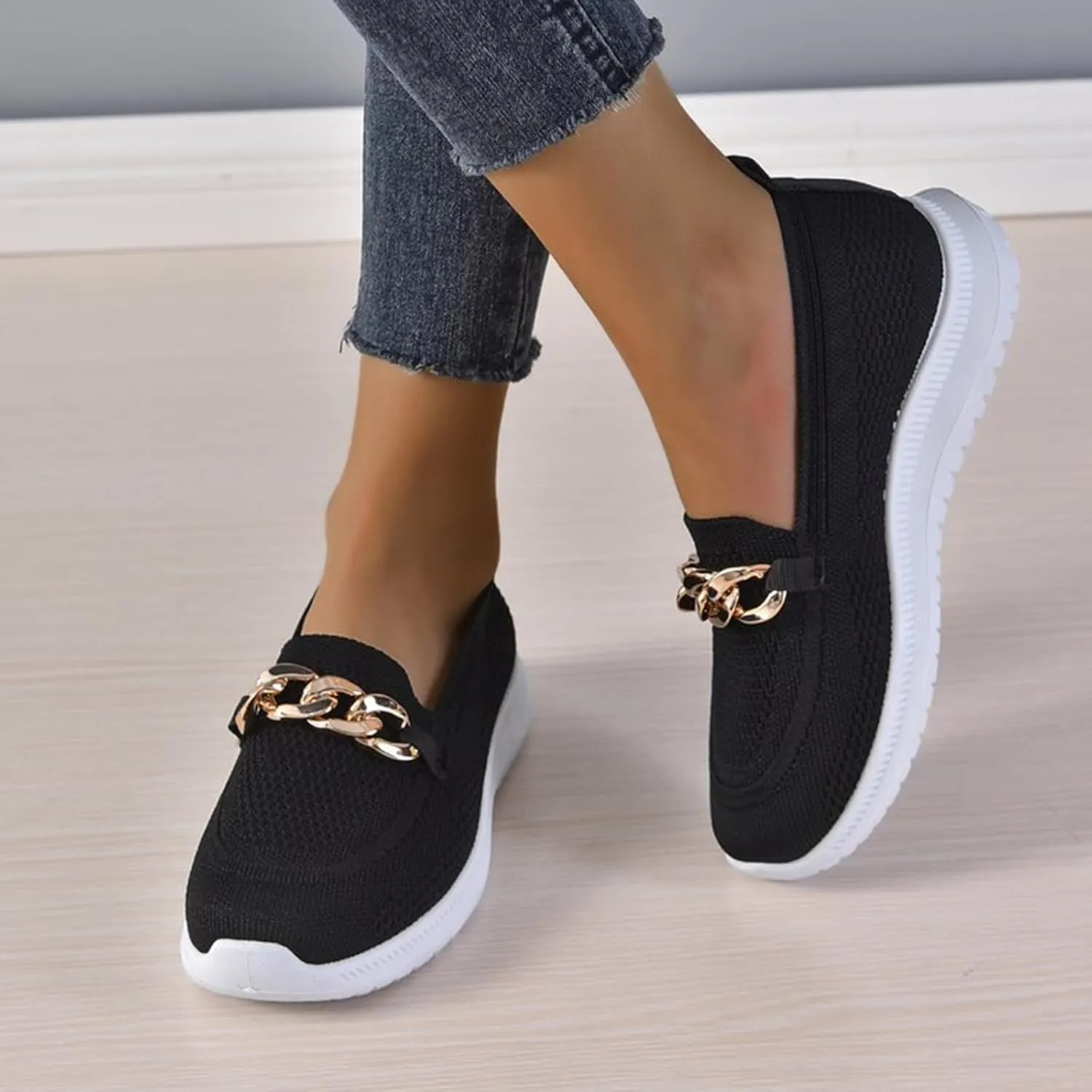 Orthopedic Slip-On Walking Shoes for Women, Comfort Loafers Wide Fit Knit Breathable Mesh Non-Slip Platform