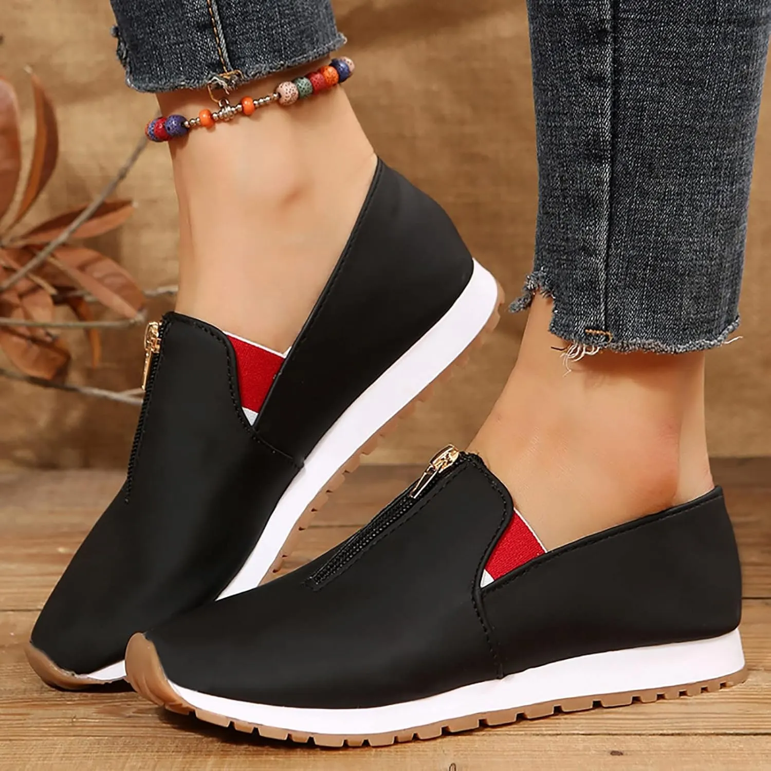 Orthopedic Slip-On Walking Shoes for Women, Comfort Loafers Wide Fit Knit Breathable Mesh Non-Slip Platform