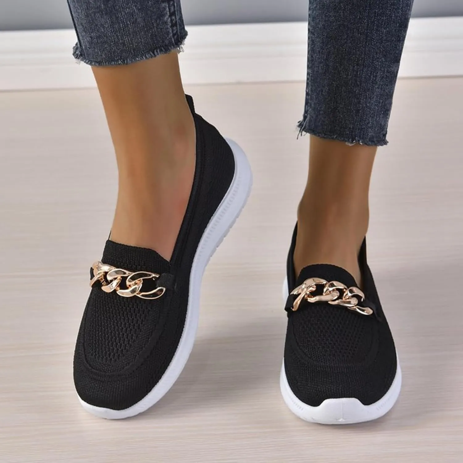 Orthopedic Slip-On Walking Shoes for Women, Comfort Loafers Wide Fit Knit Breathable Mesh Non-Slip Platform