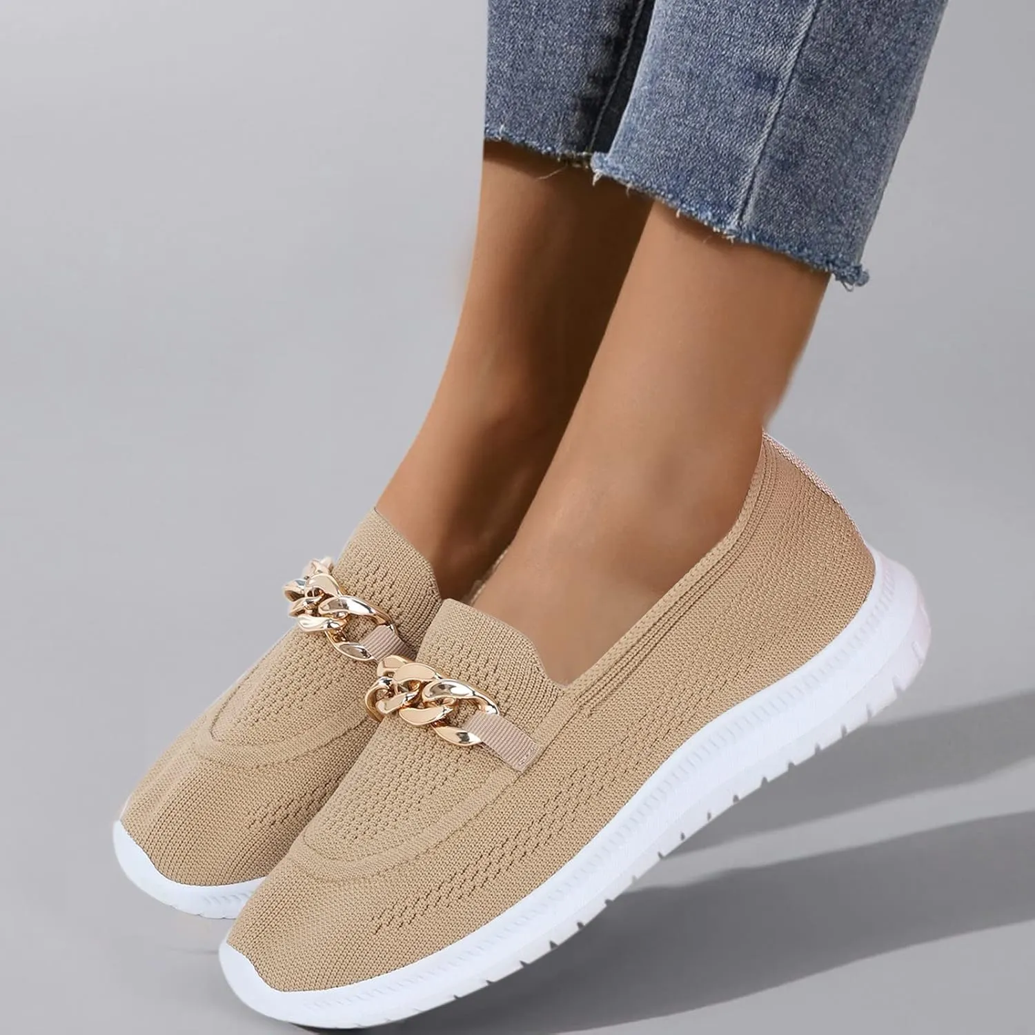 Orthopedic Slip-On Walking Shoes for Women, Comfort Loafers Wide Fit Knit Breathable Mesh Non-Slip Platform
