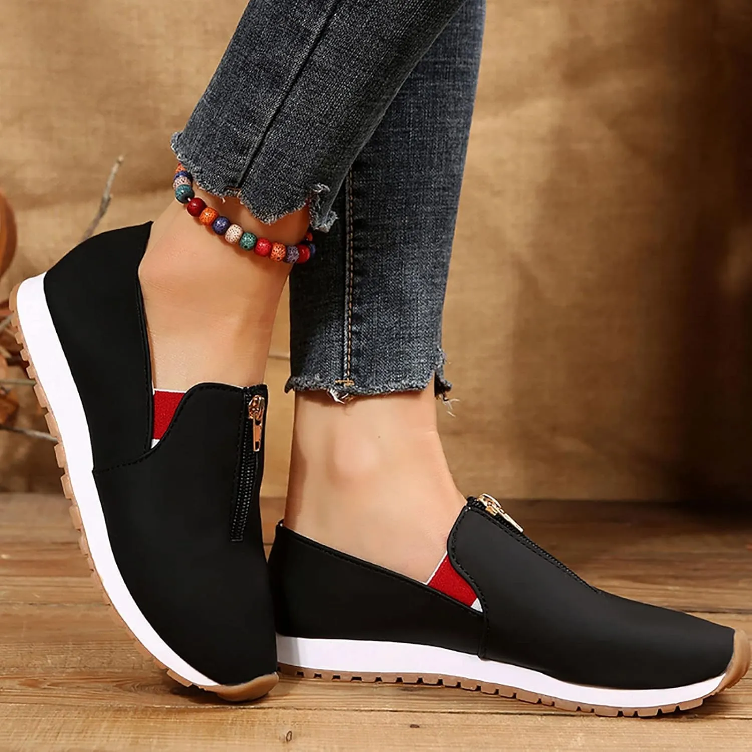 Orthopedic Slip-On Walking Shoes for Women, Comfort Loafers Wide Fit Knit Breathable Mesh Non-Slip Platform