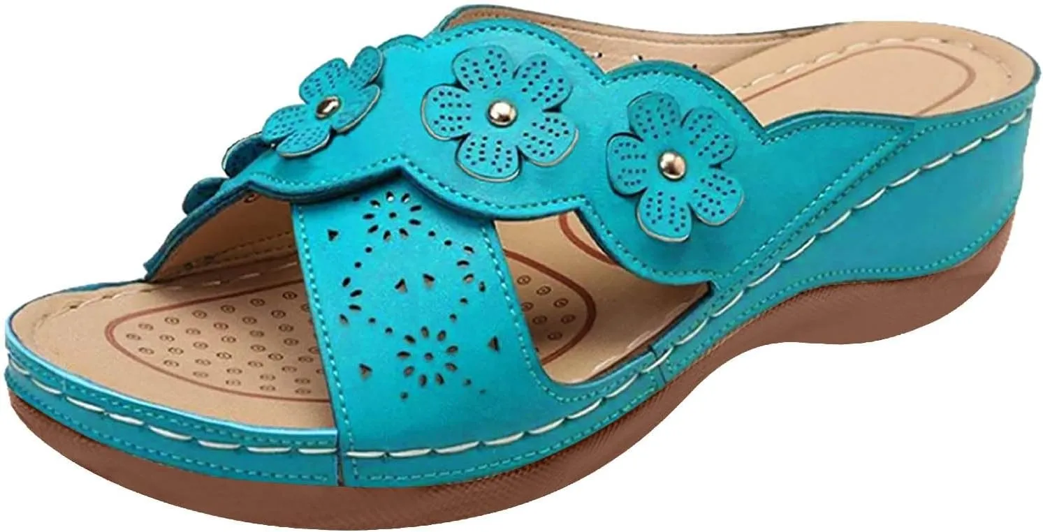 Orthopedic Wedge Sandals for Women Dressy Summer Walking Sandals Open Toe Beach Sandals Cross Strap Flowers Slides