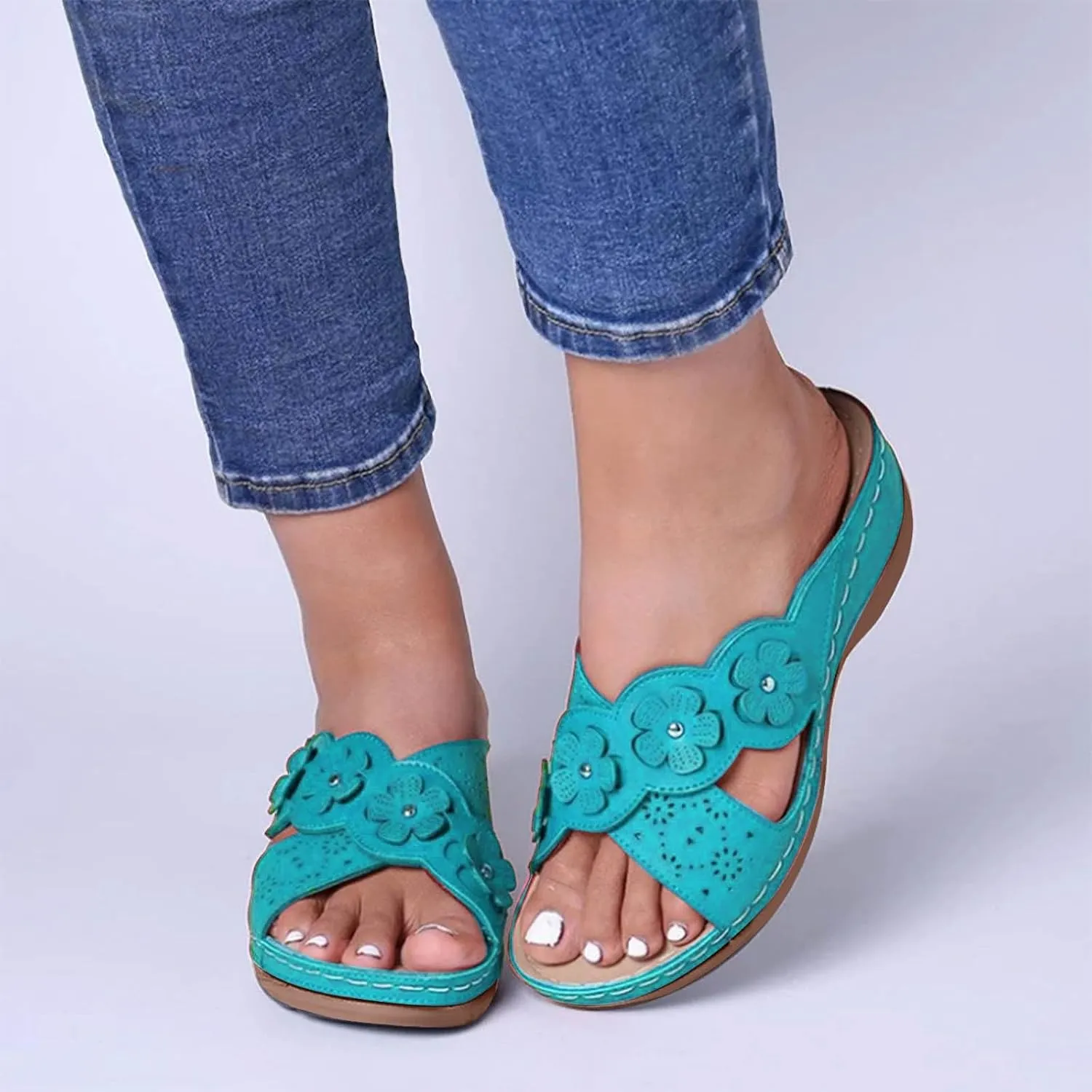 Orthopedic Wedge Sandals for Women Dressy Summer Walking Sandals Open Toe Beach Sandals Cross Strap Flowers Slides