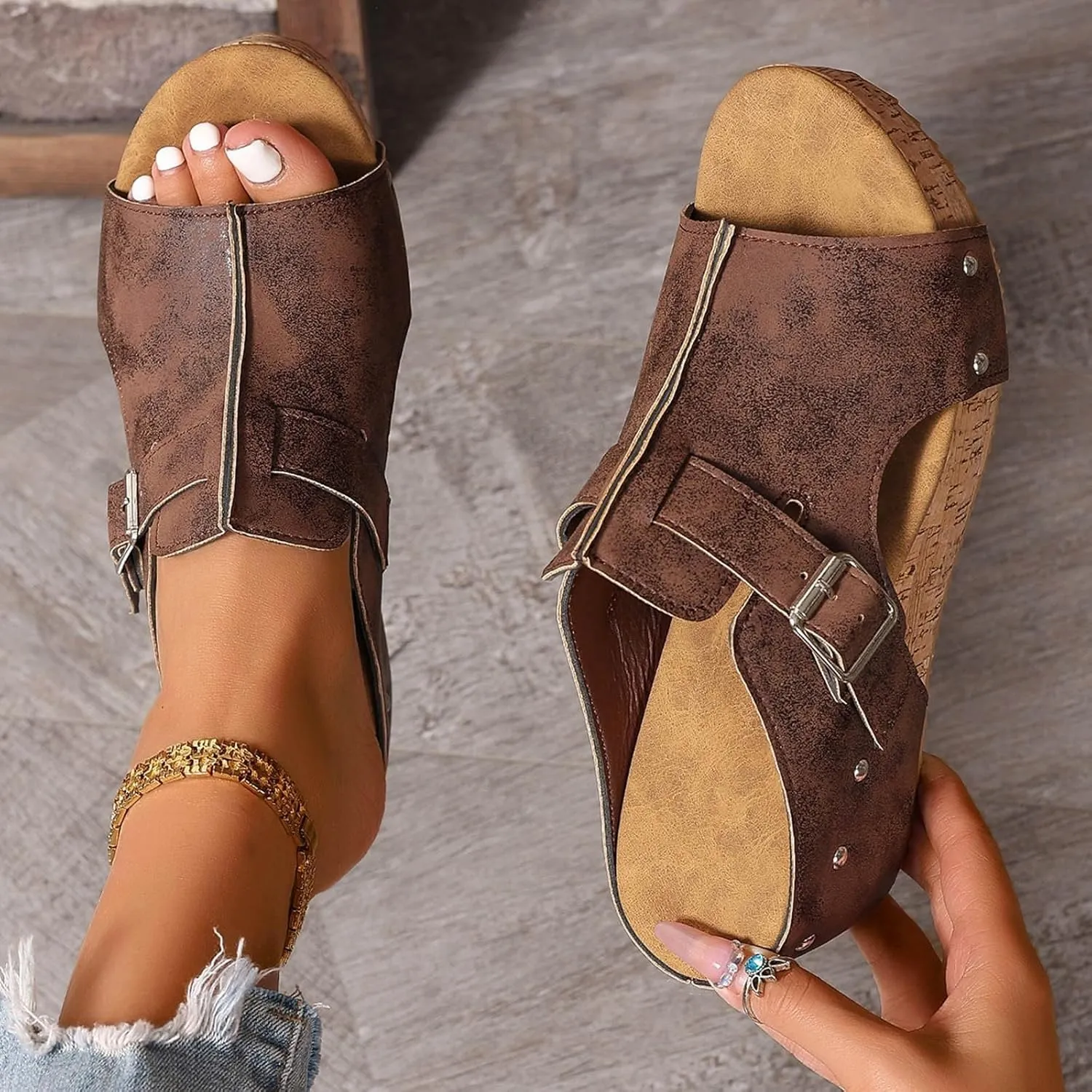Orthopedic Wedge Sandals for Women Open Toe Slip On Sandals Boho Casual Shoes Ankle Strap Open Toe Espadrilles Comfortable Summer Vacation Shoes Lightweight Beach Sandal