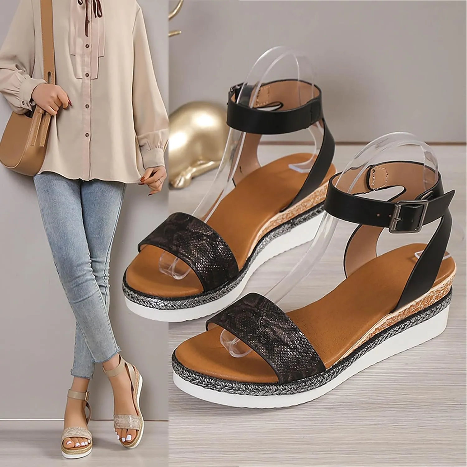 Orthopedic Wedge Sandals for Women Summer Dressy 2025 Women's Ankle Strap Open Toe Espadrilles Comfortable Platform Wedges Sandal Boho Beach Shoes