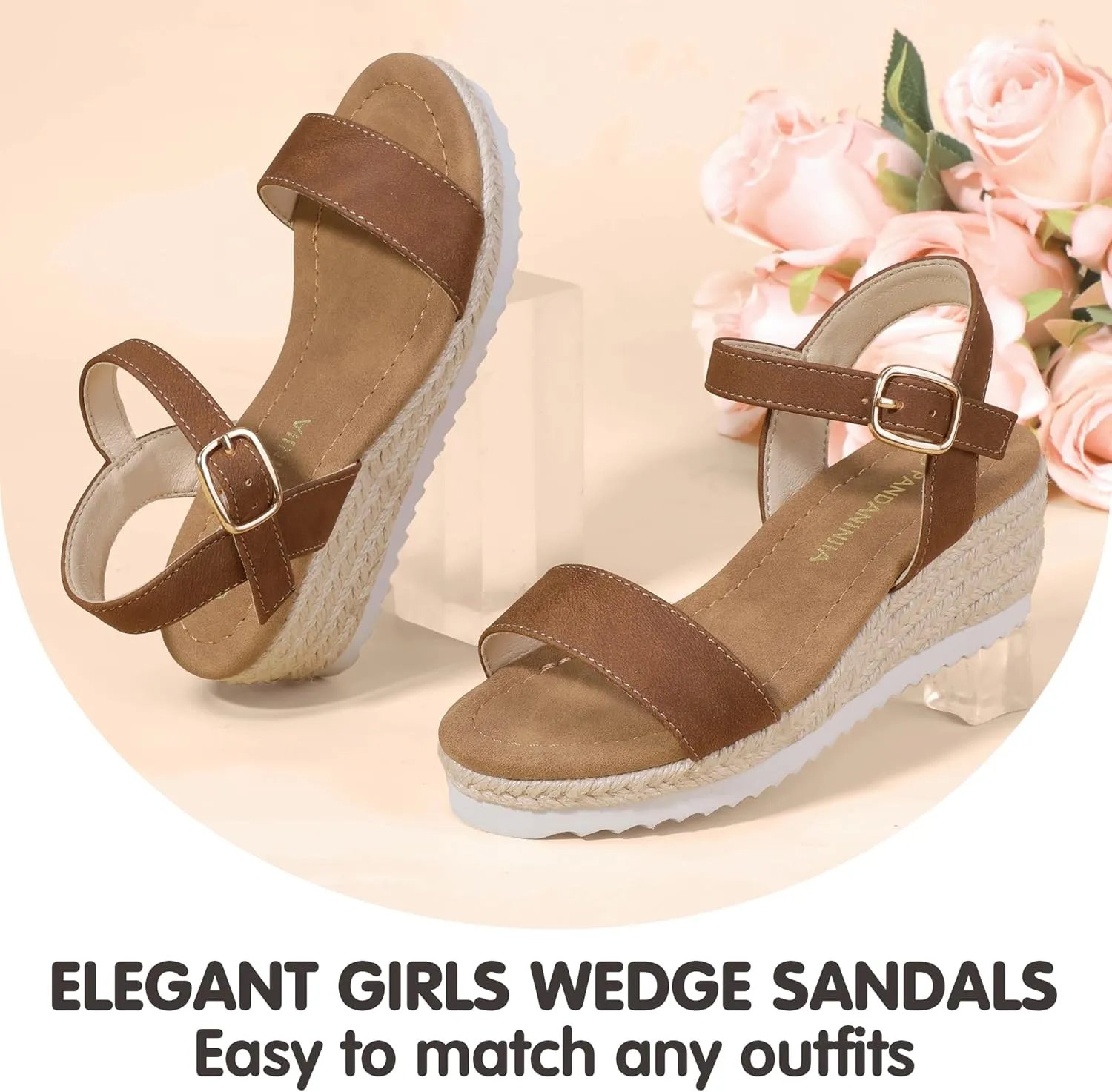 PANDANINJIA Girls Sandals Wedge Platform Espadrille Little Big Kid Girls Heels Open Toe Summer Dress Shoes