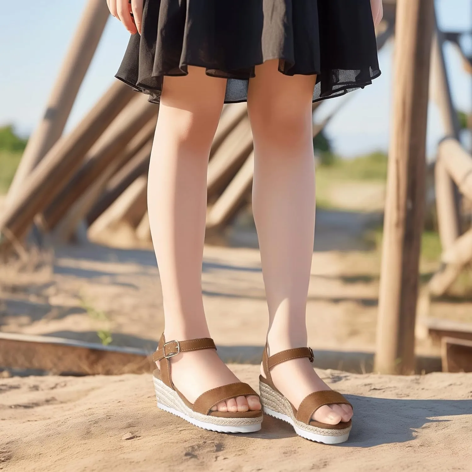 PANDANINJIA Girls Sandals Wedge Platform Espadrille Little Big Kid Girls Heels Open Toe Summer Dress Shoes