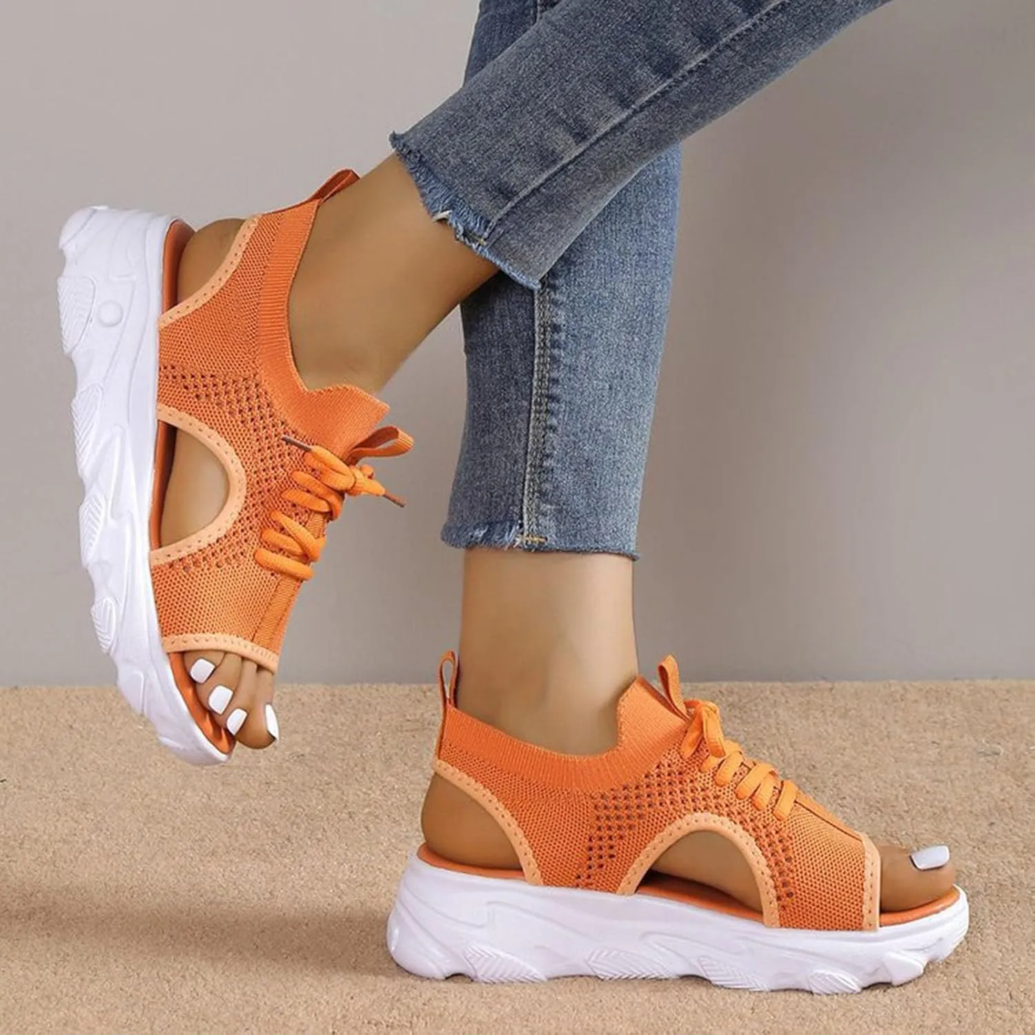 Paneled Cutout Lace-Up Muffin Sandals for Women Summer Peep Toe Platform Sandals Mesh Wedges Causal Comfy Sports Sandals