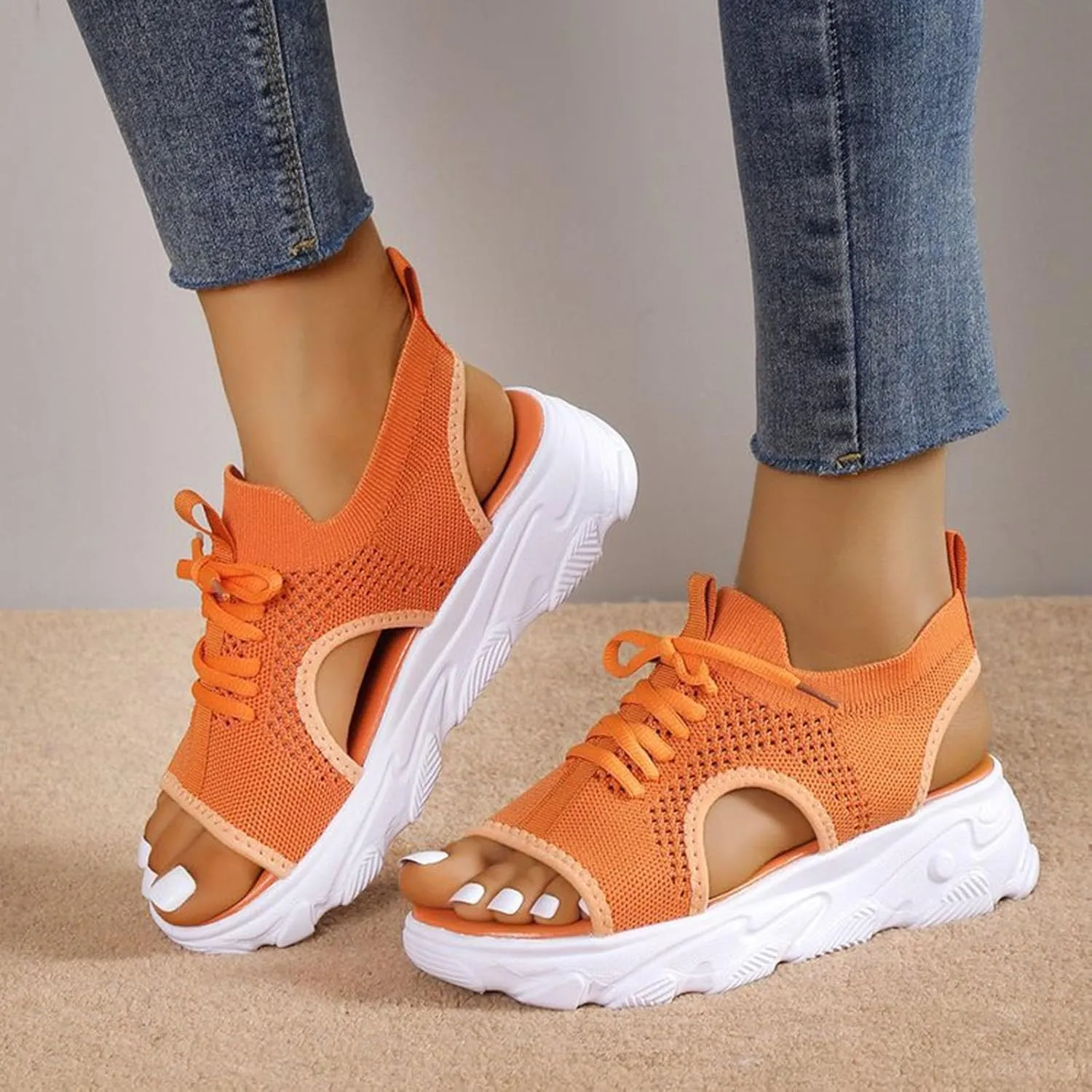 Paneled Cutout Lace-Up Muffin Sandals for Women Summer Peep Toe Platform Sandals Mesh Wedges Causal Comfy Sports Sandals