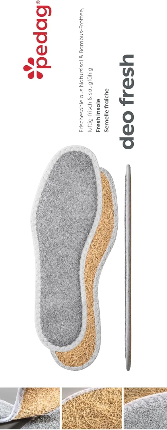 pedag Deo Fresh Natural Terry Cloth & Sisal Insoles, Handmade in Germany, Fully Washable, Perfect for Keeping Feet Dry and Fresh in The Summer, US W9 M6 / EU 39, Grey, 3 Pair