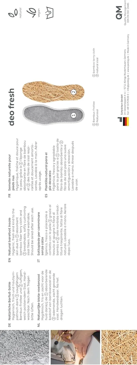 pedag Deo Fresh Natural Terry Cloth & Sisal Insoles, Handmade in Germany, Fully Washable, Perfect for Keeping Feet Dry and Fresh in The Summer, US W9 M6 / EU 39, Grey, 3 Pair