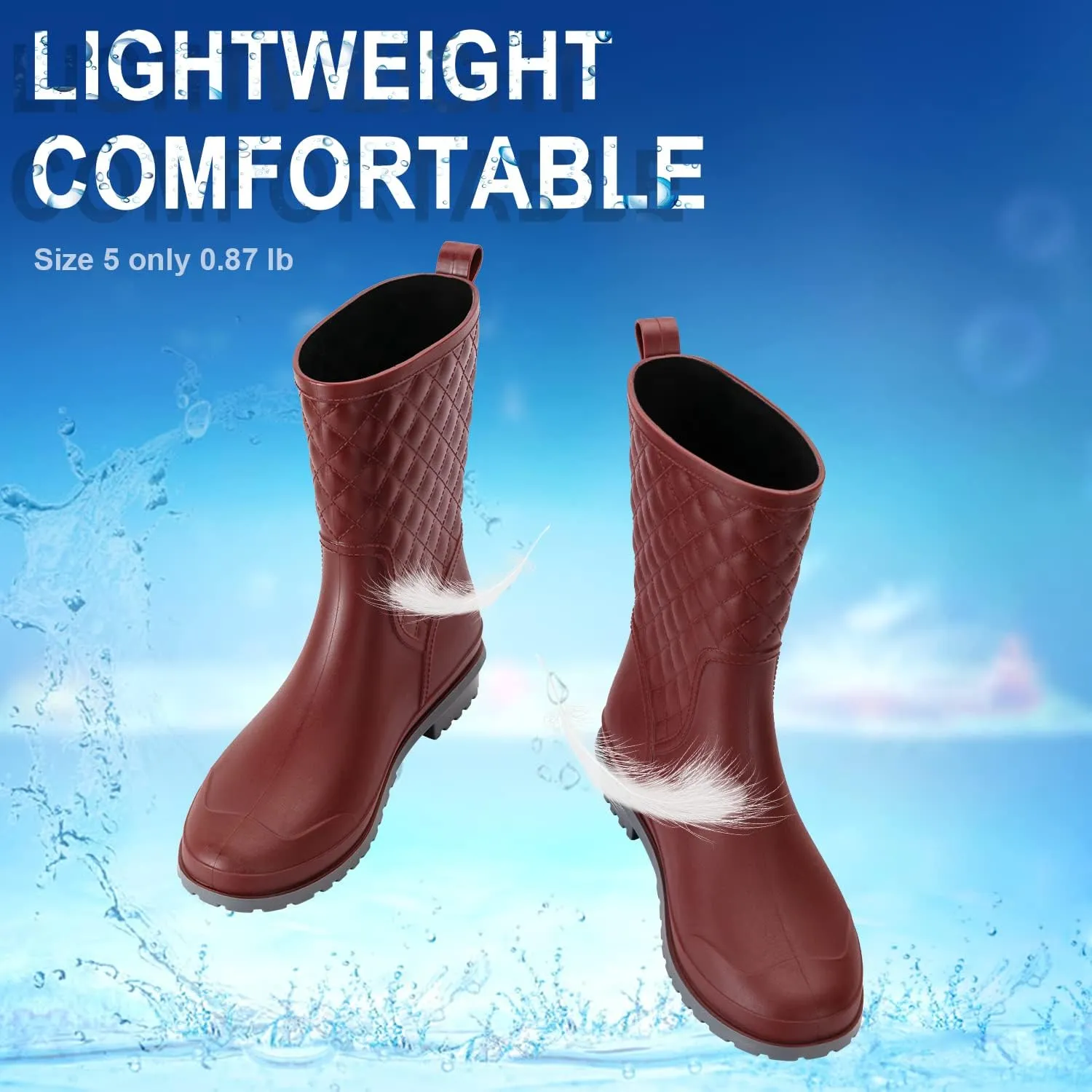 Petrass Women Rain Boots Black Waterproof Mid Calf Lightweight Cute Booties Fashion Out Work Comfortable Garden Shoes